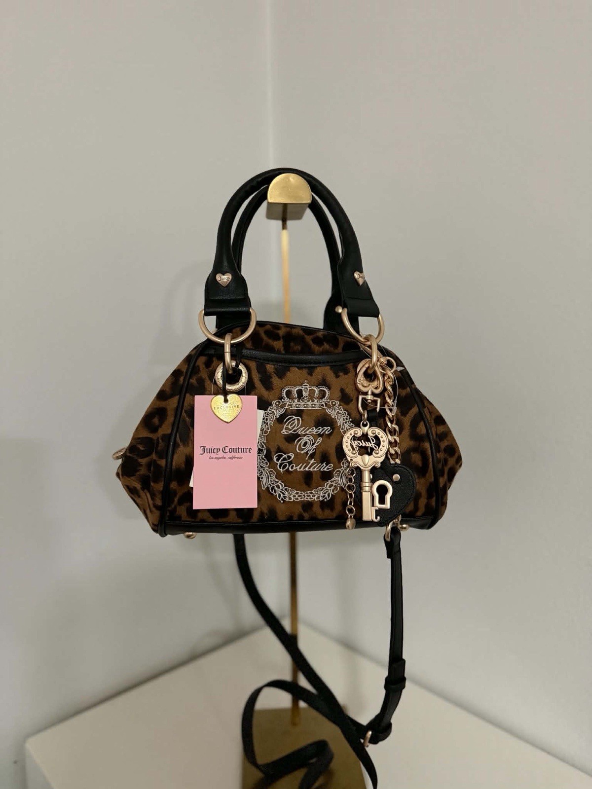 Juicy Couture leopard velour satchel/top handle zip logo w/ heart charm lock