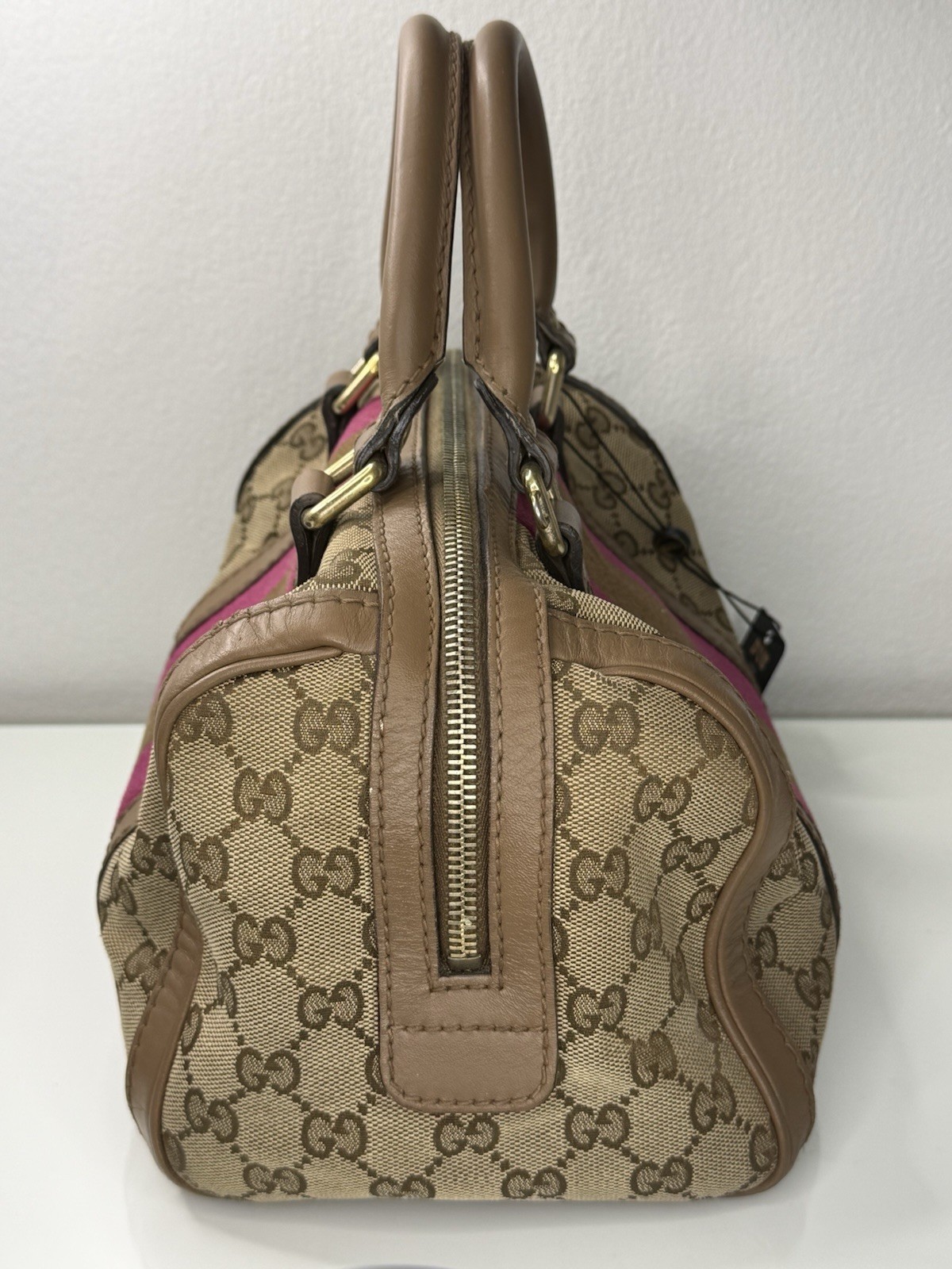 Gucci Vintage GG Canvas Joy Small Boston Bag with Pink and Brown Web Stripe