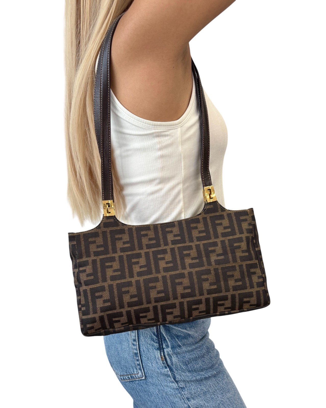FENDI Vintage FF Zucca Monogram Canvas Shoulder Bag Brown Gold Leather 902063