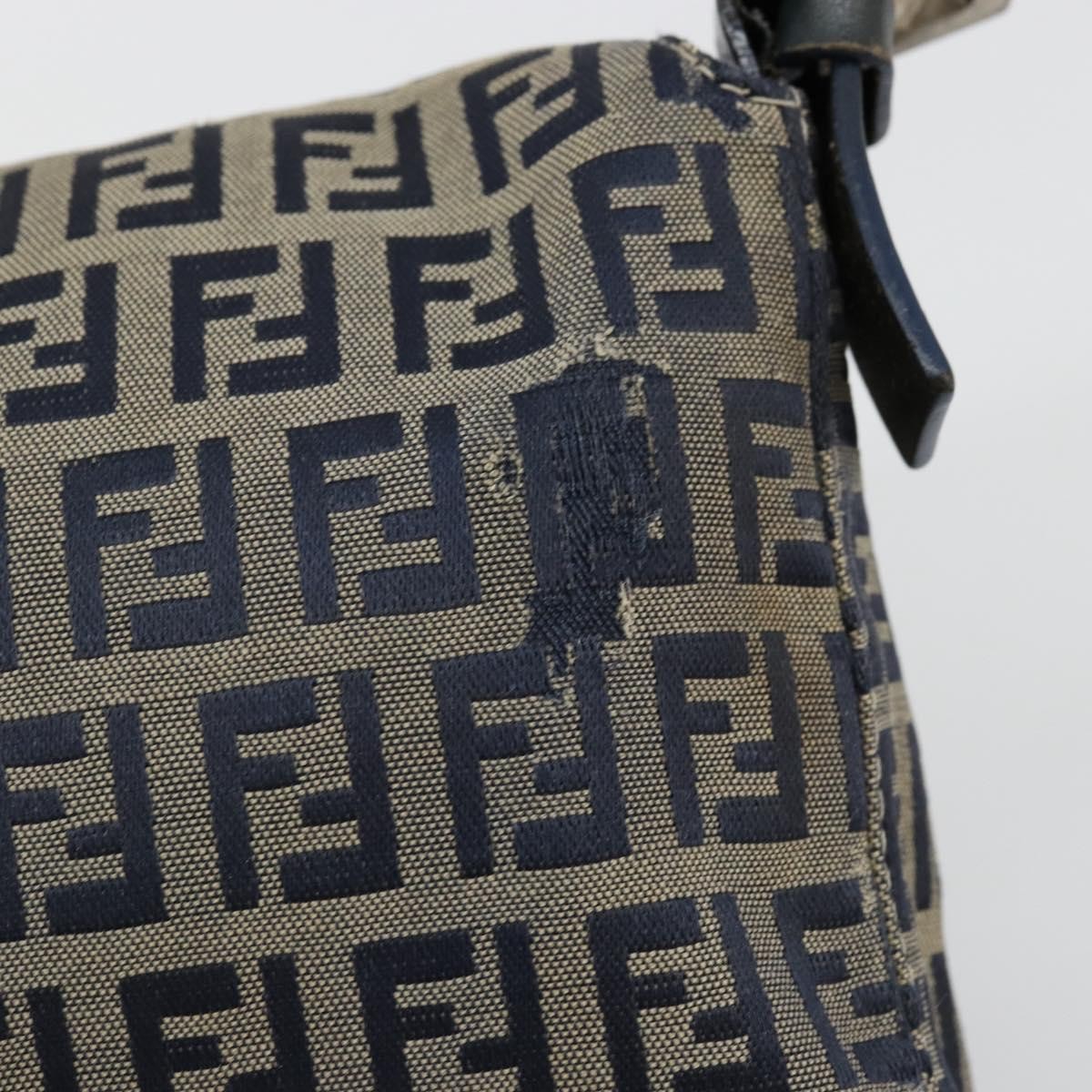 FENDI Zucchino Canvas Mamma Baguette Shoulder Bag Navy Silver Auth bs34528