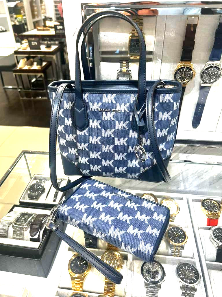 Michael Kors Eva X-Small Tote Purse Bag Handbag + Wallet Denim Phone Holder MK