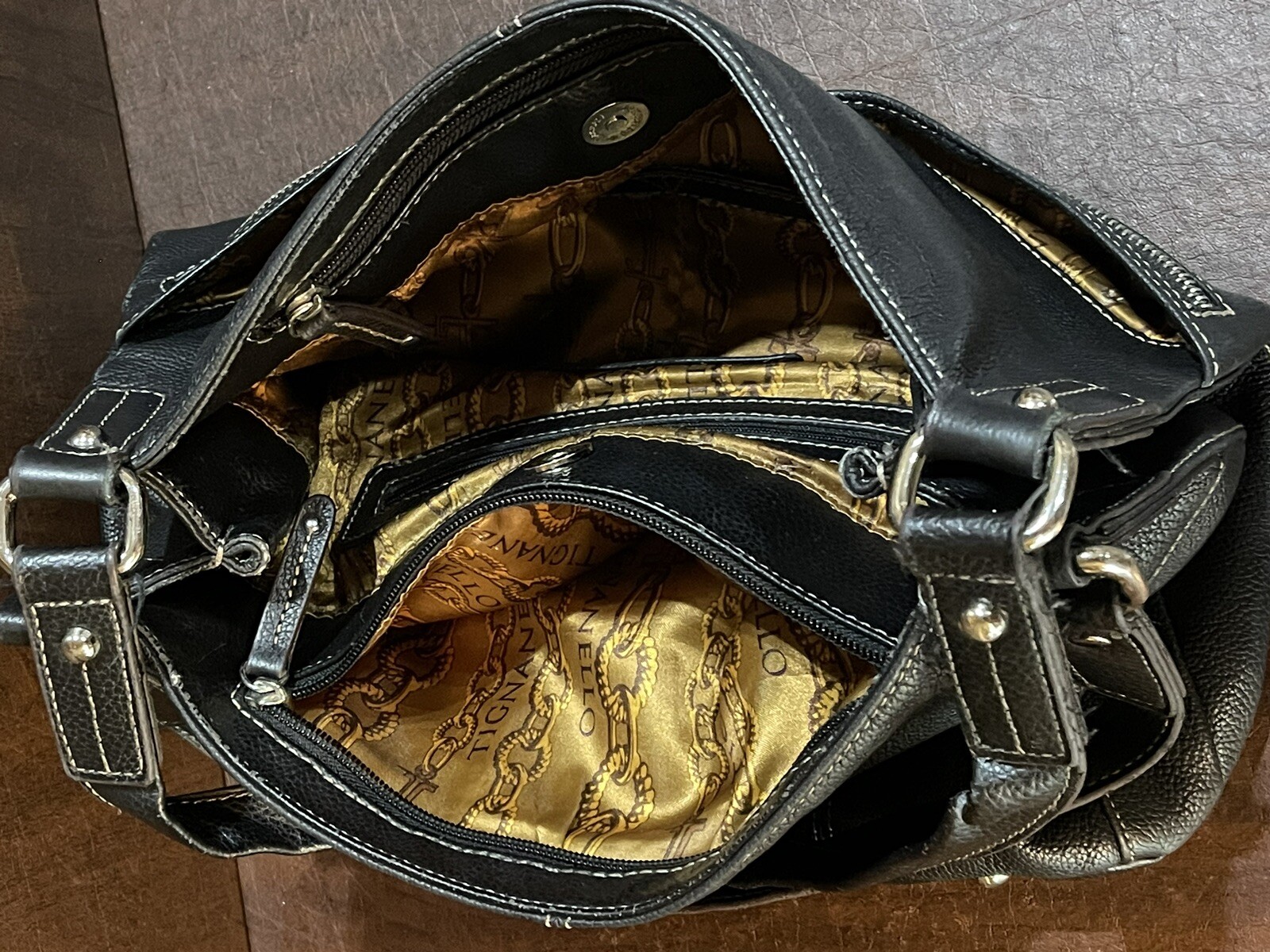 TIGNANELLO black dimple-leather purse tote 7 pockets 14″x 11″