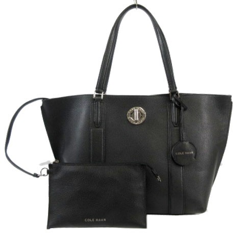 Cole Haan Leather Tote Bag Black AB 9.6″ x 6.1″ x 15.2″ with Pouch & Charm