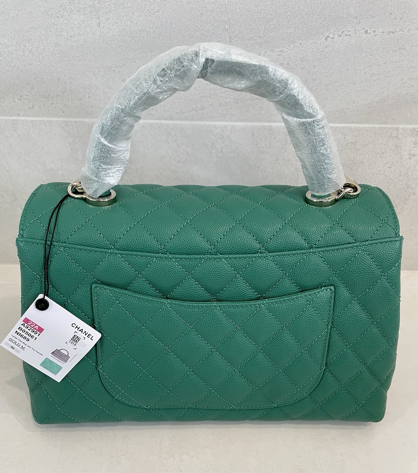 New 22A CHANEL Medium Large Flap Coco Top Handle Green Caviar Gold Bag RECEIPT