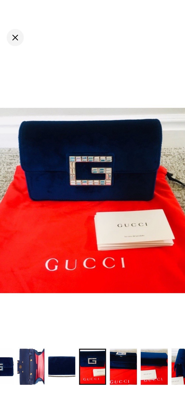 Gucci Blue Logo Clasp Shoulder Bag, Chain Strap, Gold Hardware, Dust Bag