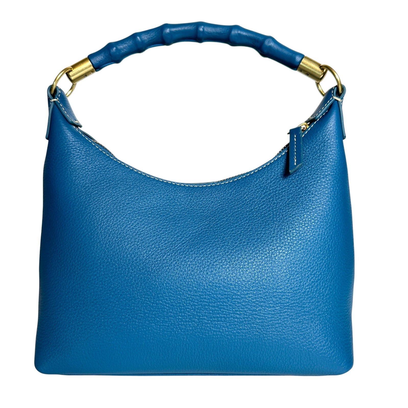J McLaughlin Shoulder Bag Folly Pebbled Leather Bamboo Handle Blue Small Hobo