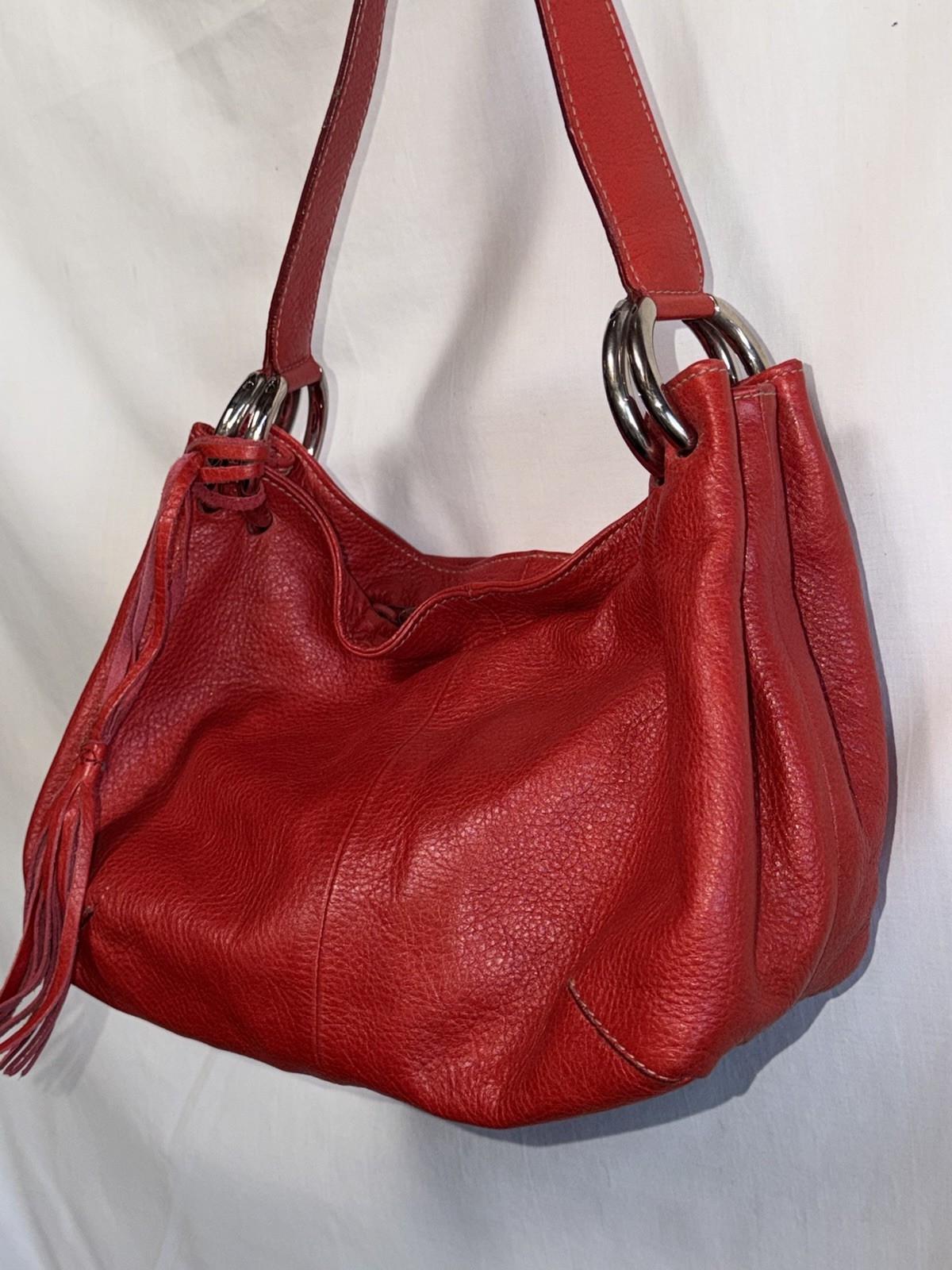 Furla Red Leather Slouchy Shoulder Bag Silver Hardware Excellent Used Condition