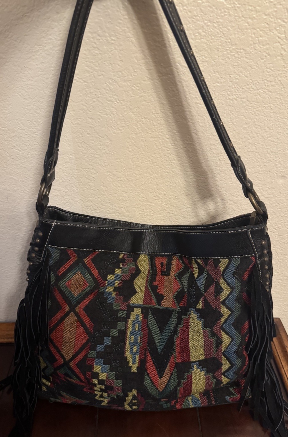 Montana West Aztec Southwestern Black Fringe Studded Tote Shoulder Handbag