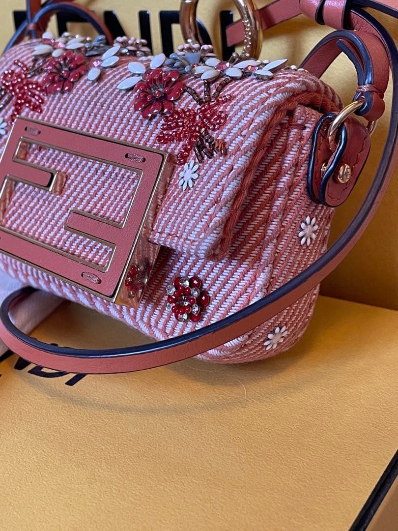 FENDI Nano Baguette Charm Orange Denim Floral Bead Crossbody Mini Bag 3.94 inch