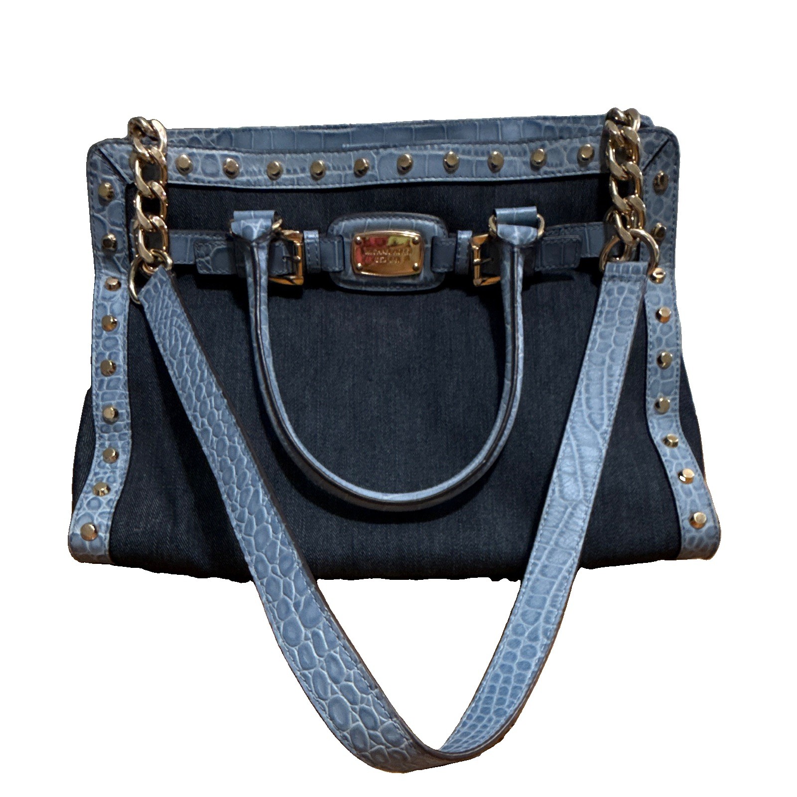 Michael Kors Hamilton Studded Large EW Tote Bag Dark Denim Embossed Leather