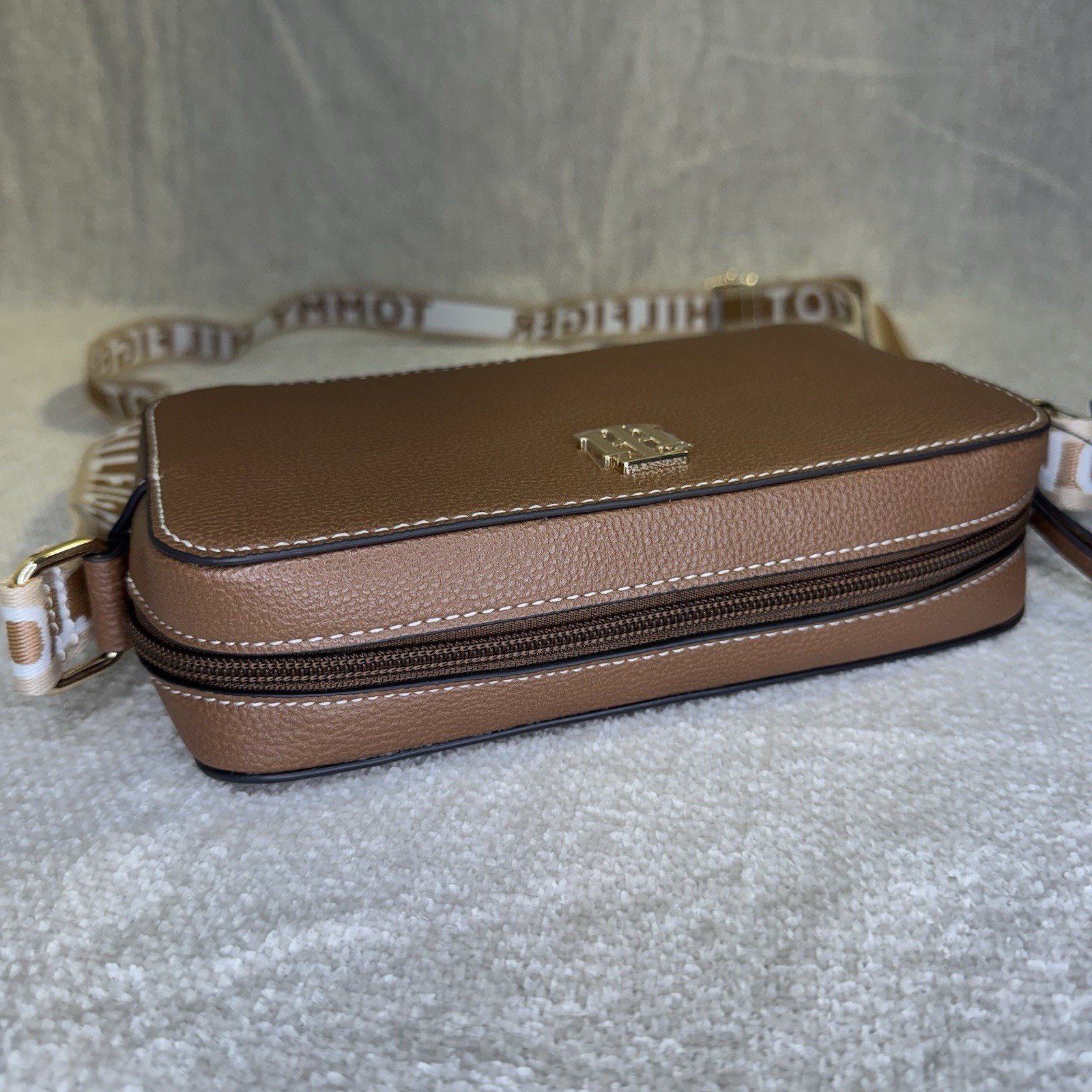 Tommy Hilfiger Women’s Brown Pebbled Faux Leather Camera Crossbody Bag