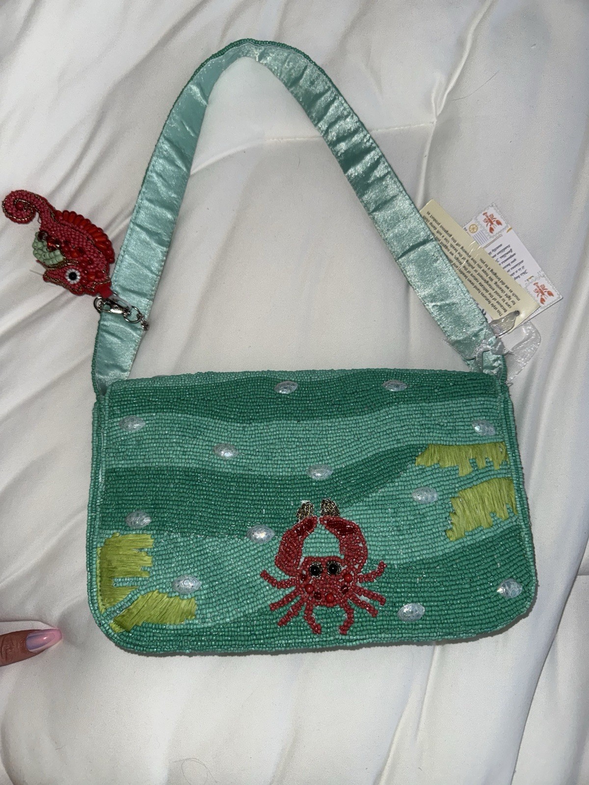VIRAL Green Beaded Shoulder Bag With Red Seahorse Handmade in India New With Tag