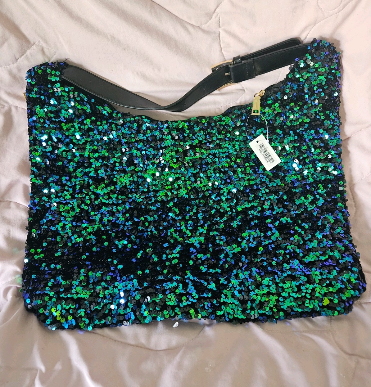 NWT Blue Green Mermaid Sequin Shoulder Bag Hobo Purse Adjustable Strap Zip Top