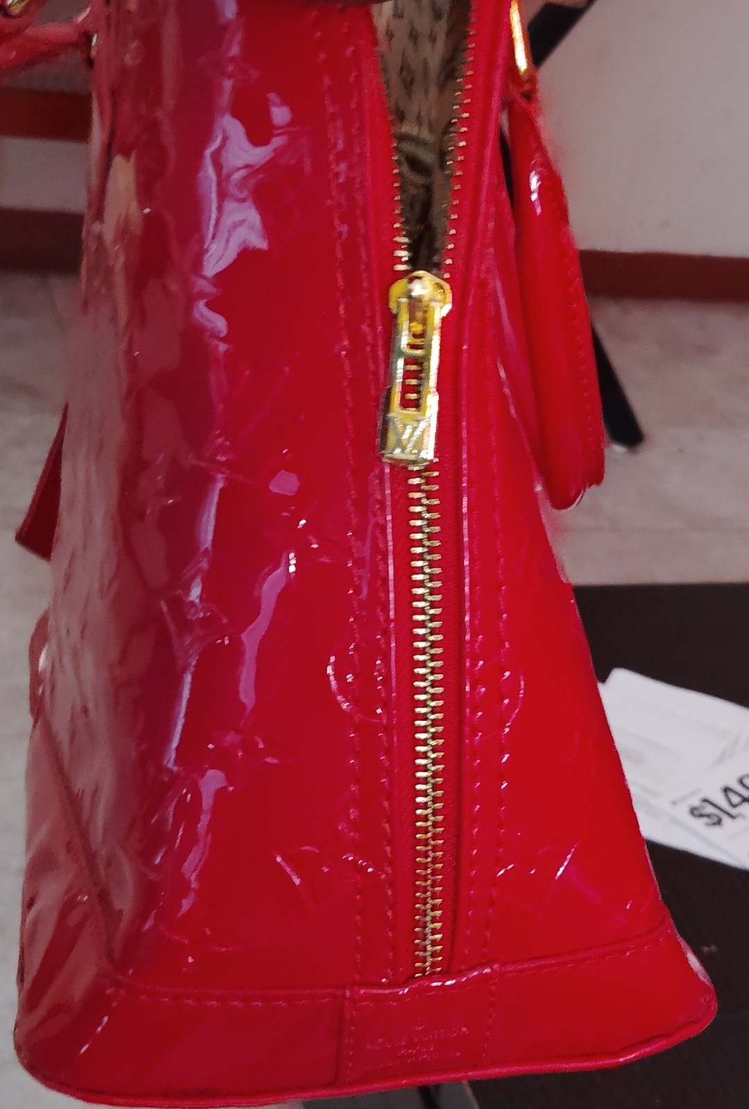 Louis Vuitton Red Patent Satchel Top Handle Bag, Monogram, Zip, Gold, Lock