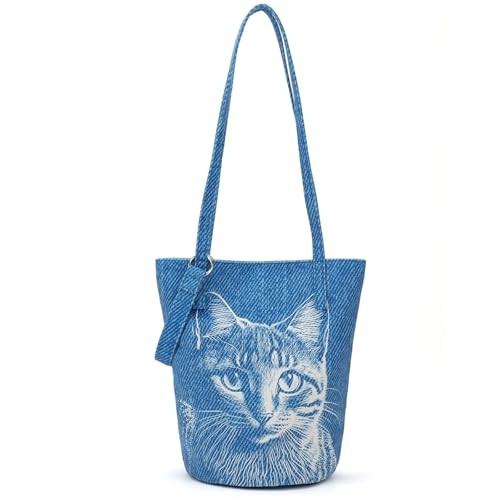 Shoulder Bag for Women, Cotton Canvas Bucket Bags Tote Purse Cute Darkblue Cat