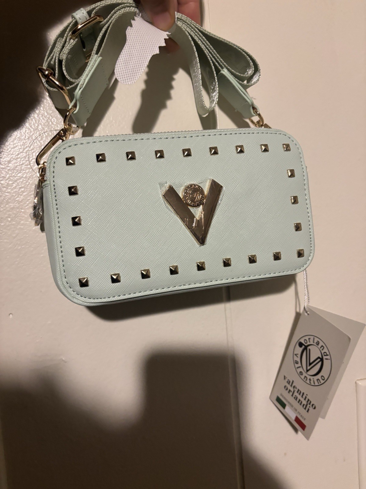 Valentino Orlandi Mint Studded Logo Crossbody Bag w/ Detachable Strap