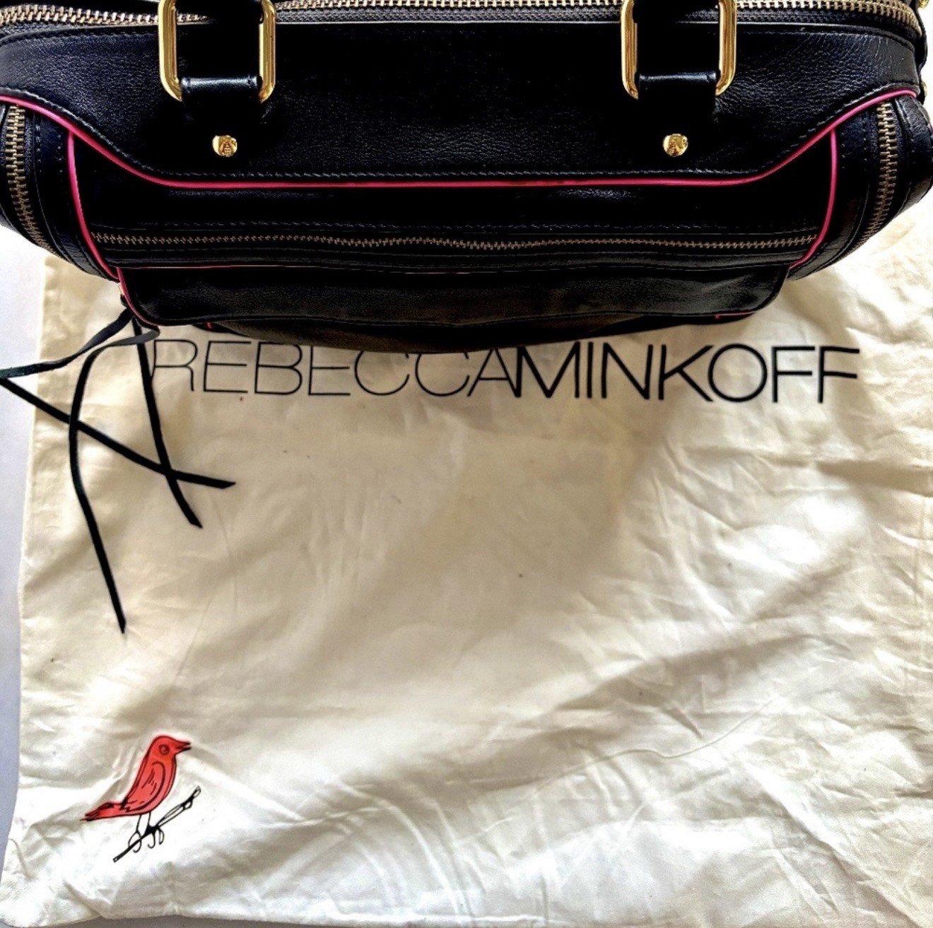 Rebecca Minkoff Medium Black/Pink Satchel Top Handle Zip Gold Hardware Dust Bag