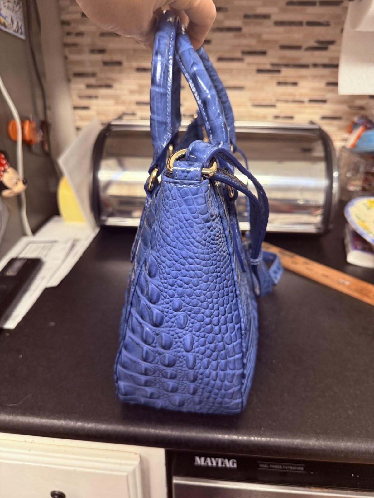 Brahmin Small Lena Satchel Croc Iris Blue Leather Shoulder Handbag Vtg Unused