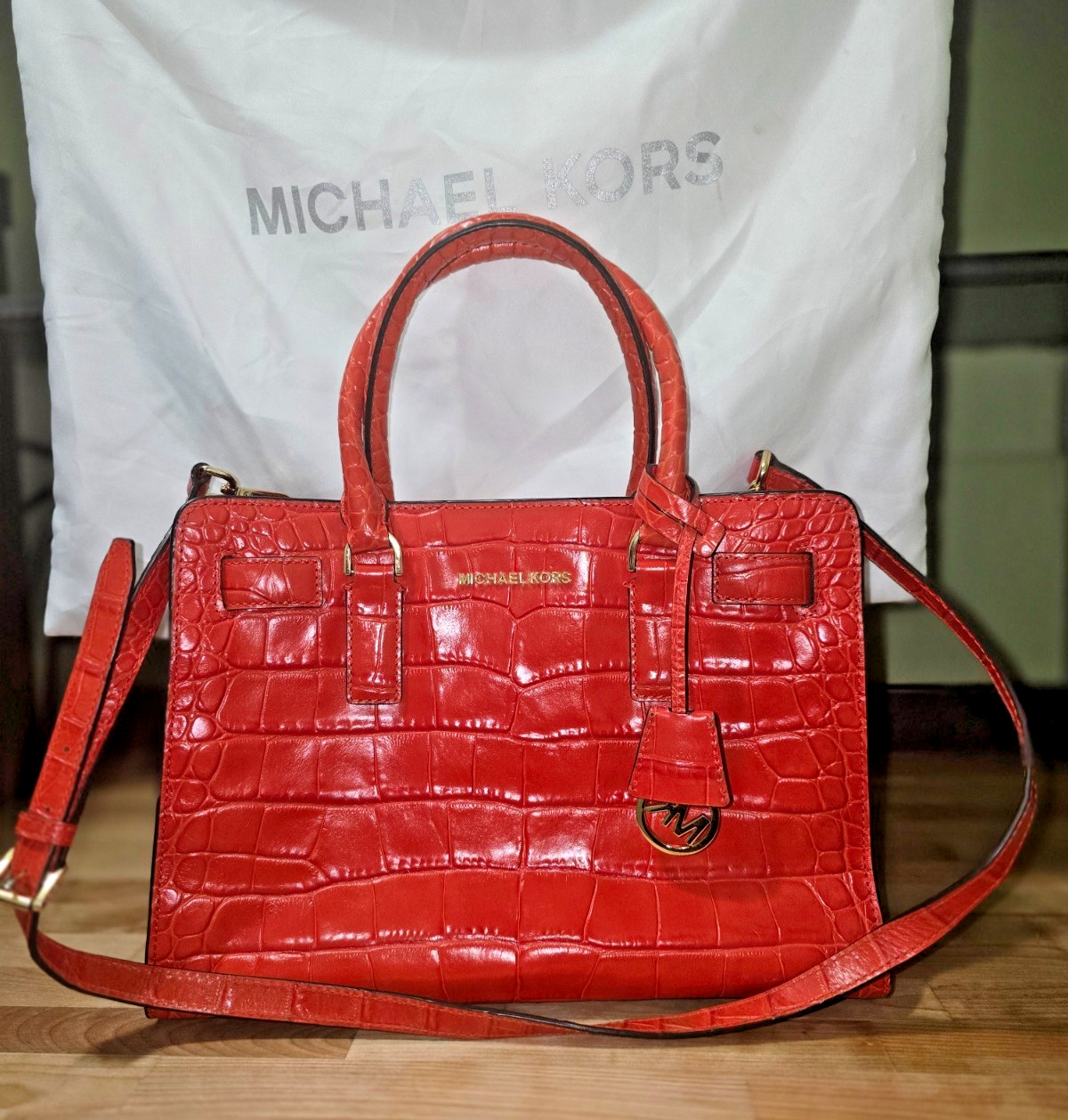 Retired Michael Kors Mandarin Dillion Croc Embossed Leather Satchel Bag w/duster