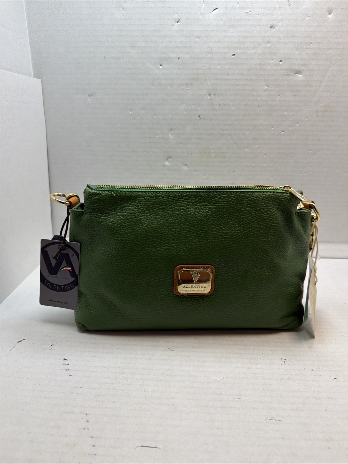 Valentina Italian Convertible Backpack Shoulder Bag Jade Green Cognac Trim NWT
