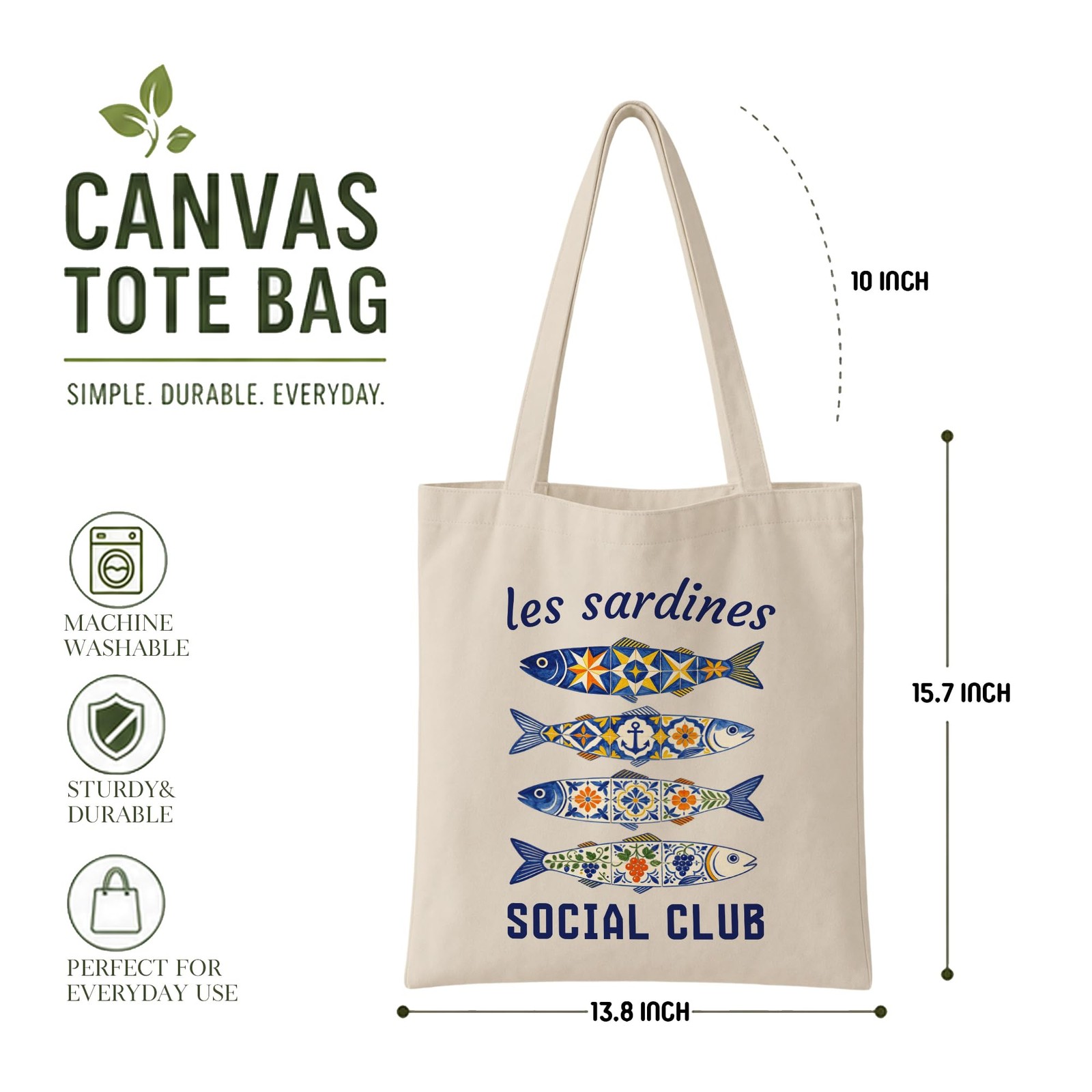 Zallobee Sardines Tote Bag, Coastal Fish Canvas 13.8″ x 15.7″, Beige