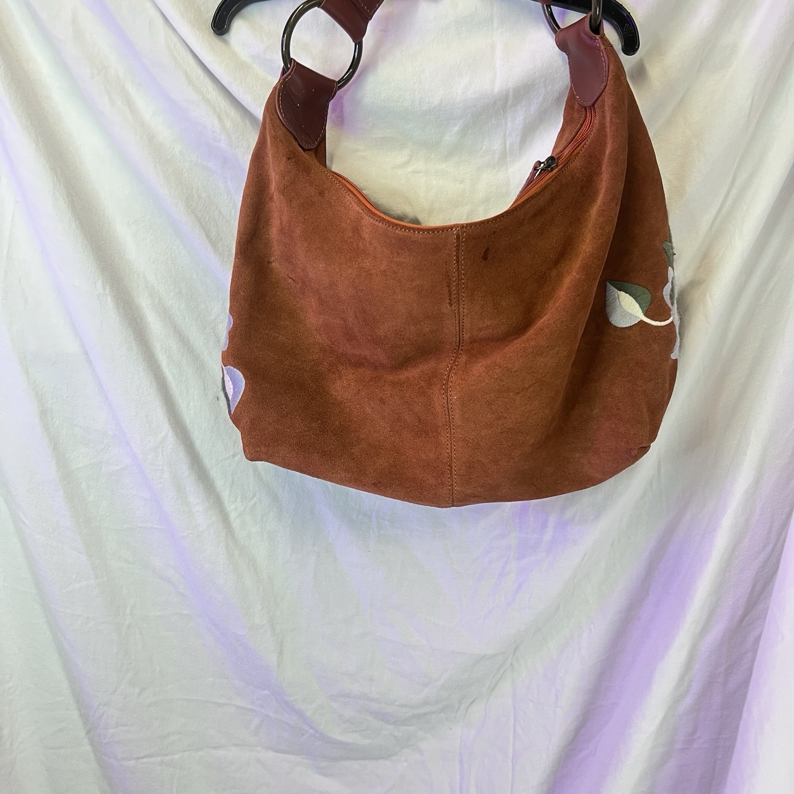 euroWelness Purse Brown Suede And Leather Stiched Flower And Leaf Design READ