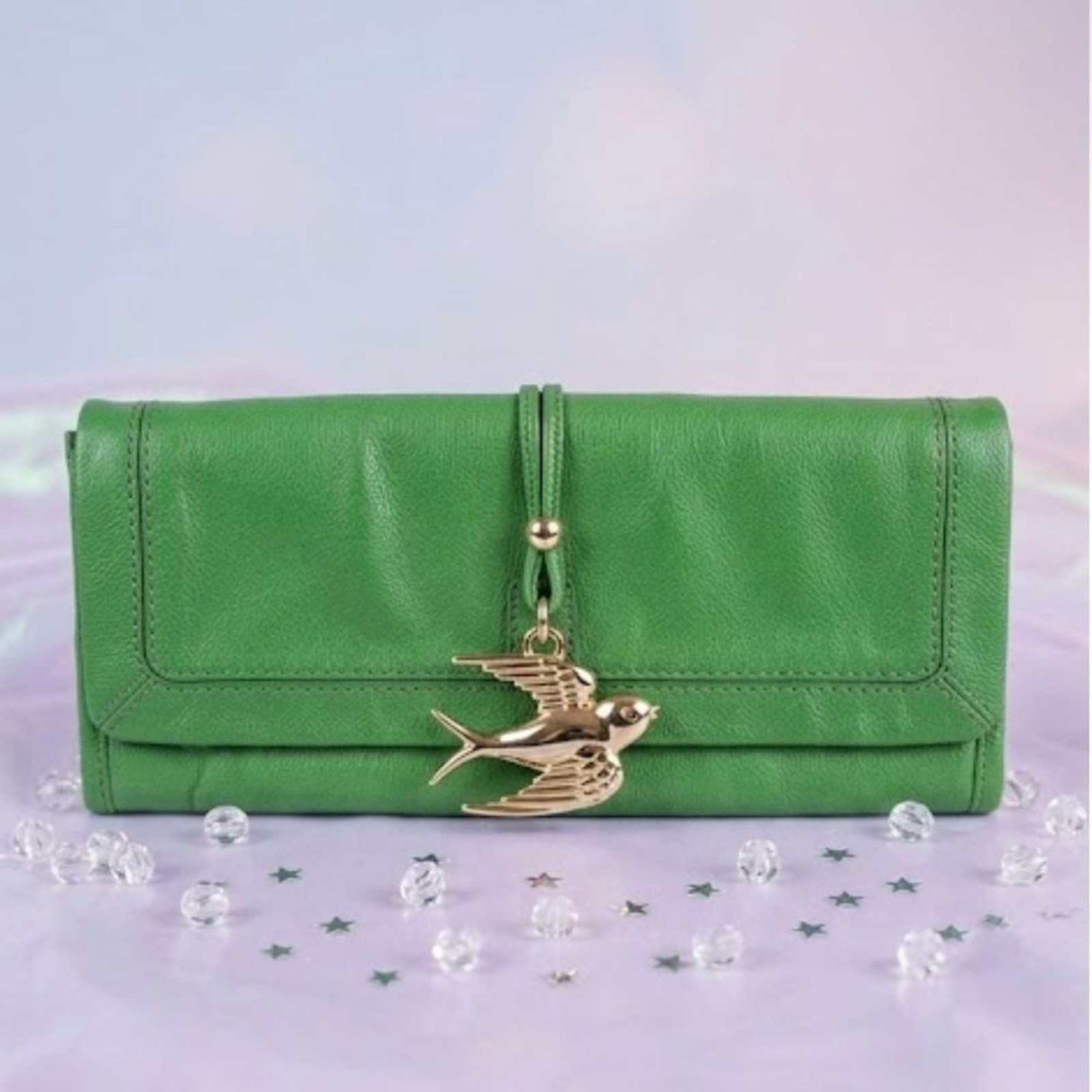 Juicy Couture Rare Leni Bird Clutch Green Gold Swallow Y2K Leather Collectible