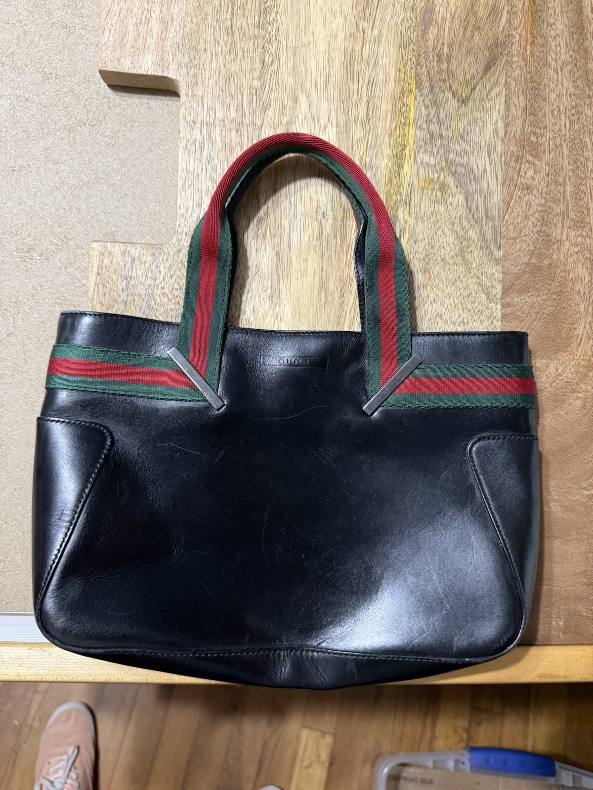Gucci Black Tote Web Stripe Top Handle Zip, Inner Pockets, Silver HW