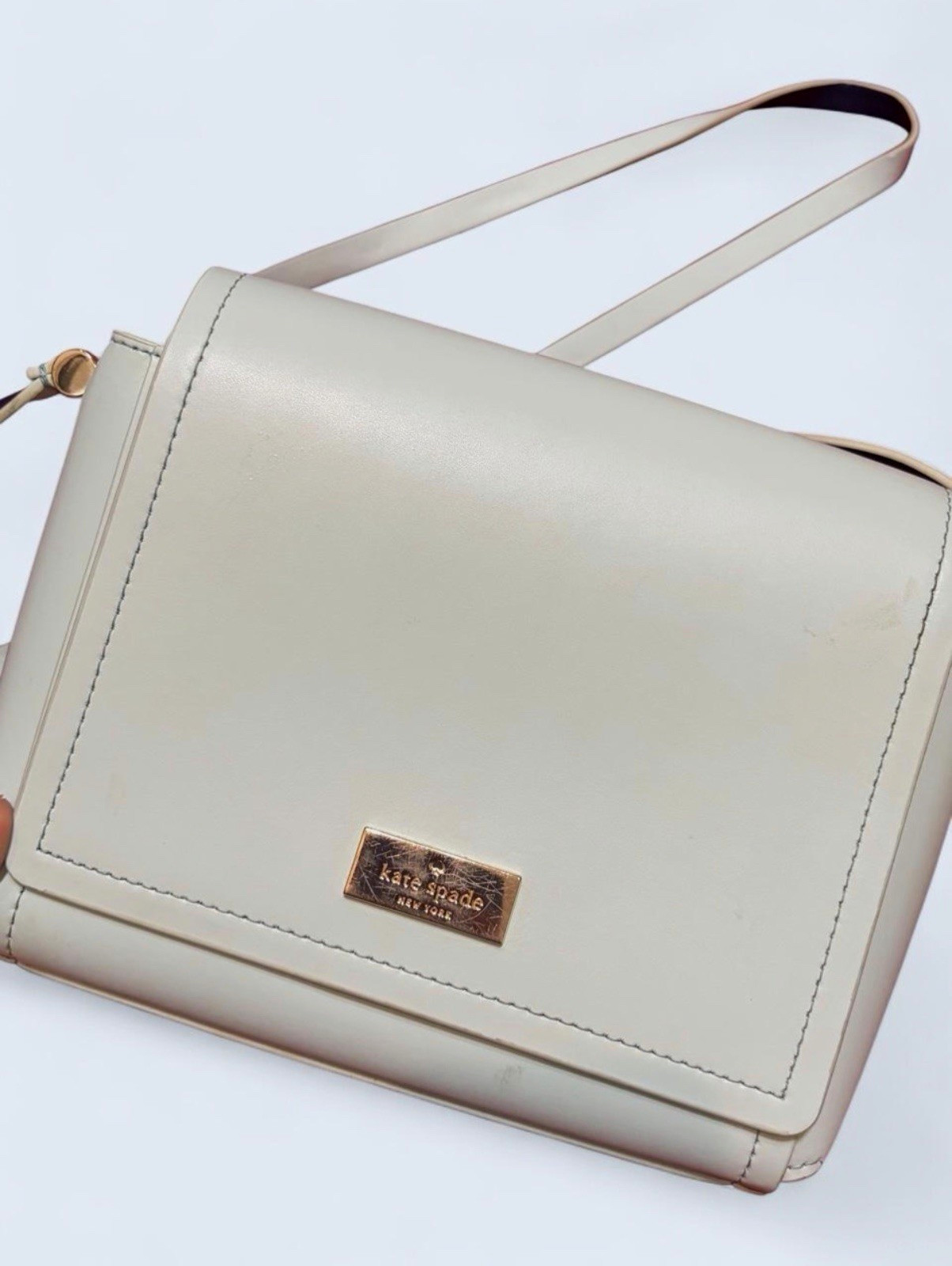 Kate Spade New York Cream Small Crossbody Bag Snap Flap Gold Logo, Detach Strap