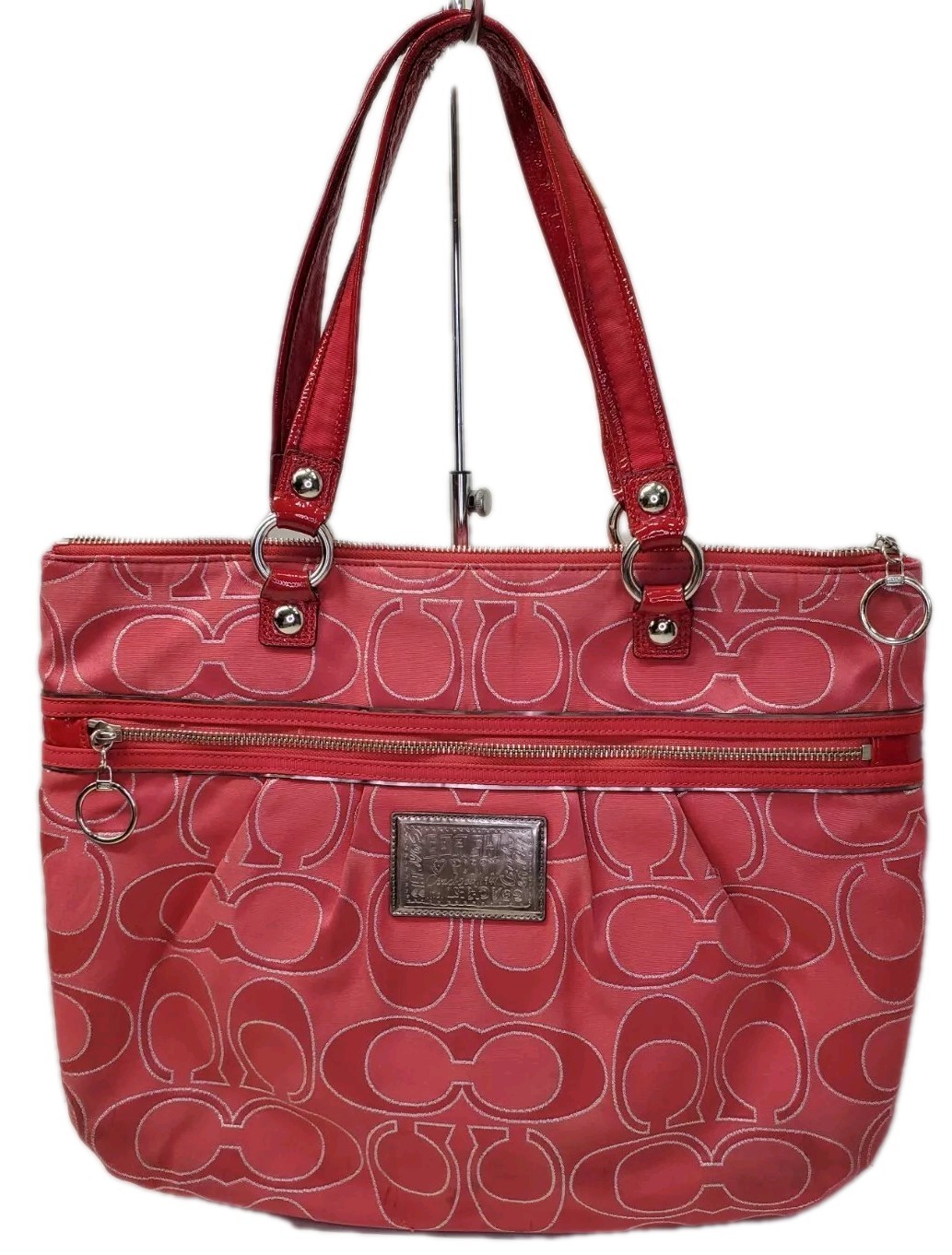Coach Signature Logo Poppy Lurex Glam Sateen 15389 Red Silver Tote Bag L