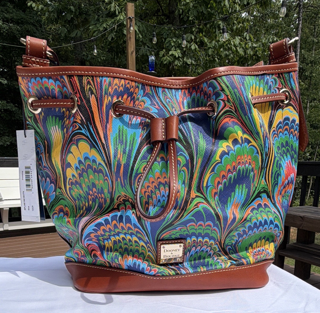 Dooney & Bourke Floral Multicolor Bucket Drawstring Lined Gold Detachable Strap
