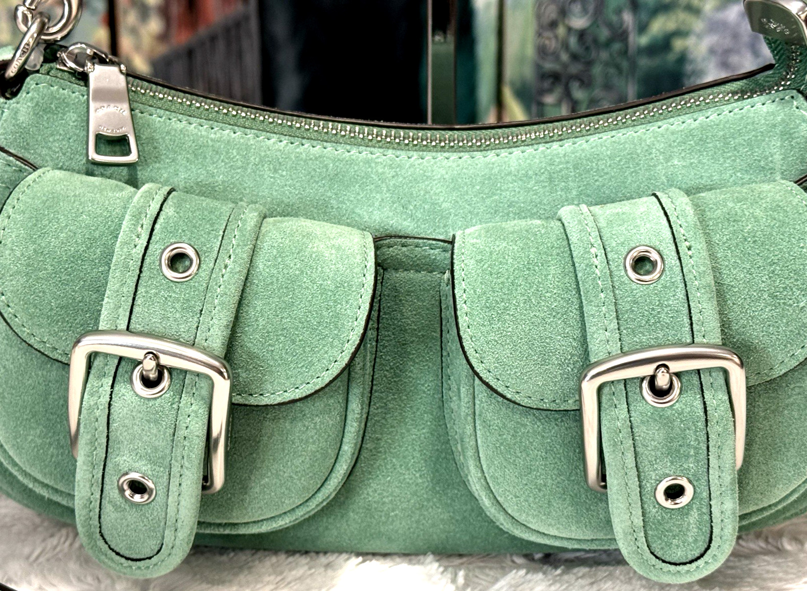 NWT Coach Ashton CDA95 Shoulder Crossbody Bag In MINT GREEN Suede Leather Silver