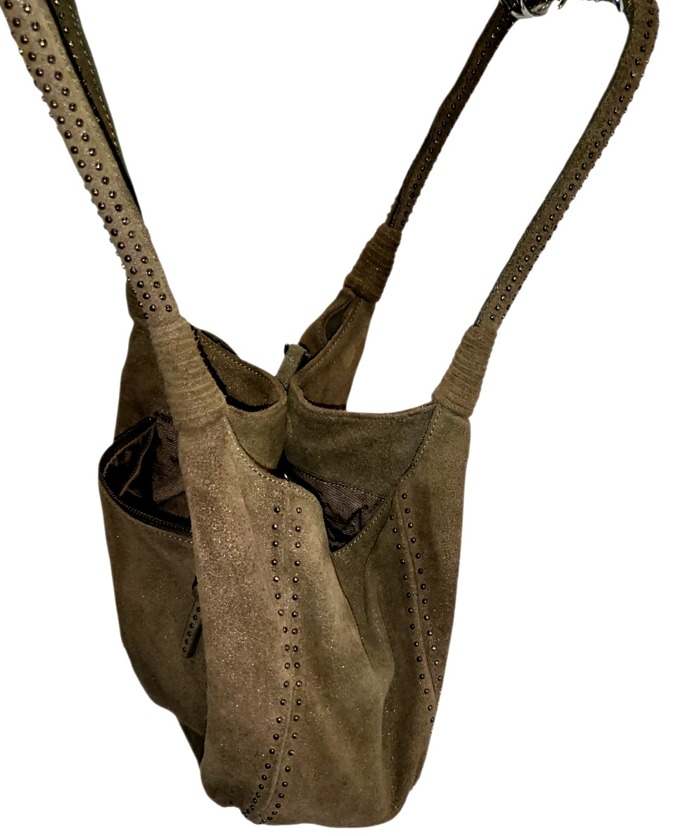 DAN AZAN Double Handle STUDDED METALLIC GREEN w POUCH Shoulder Tote Handbag Med