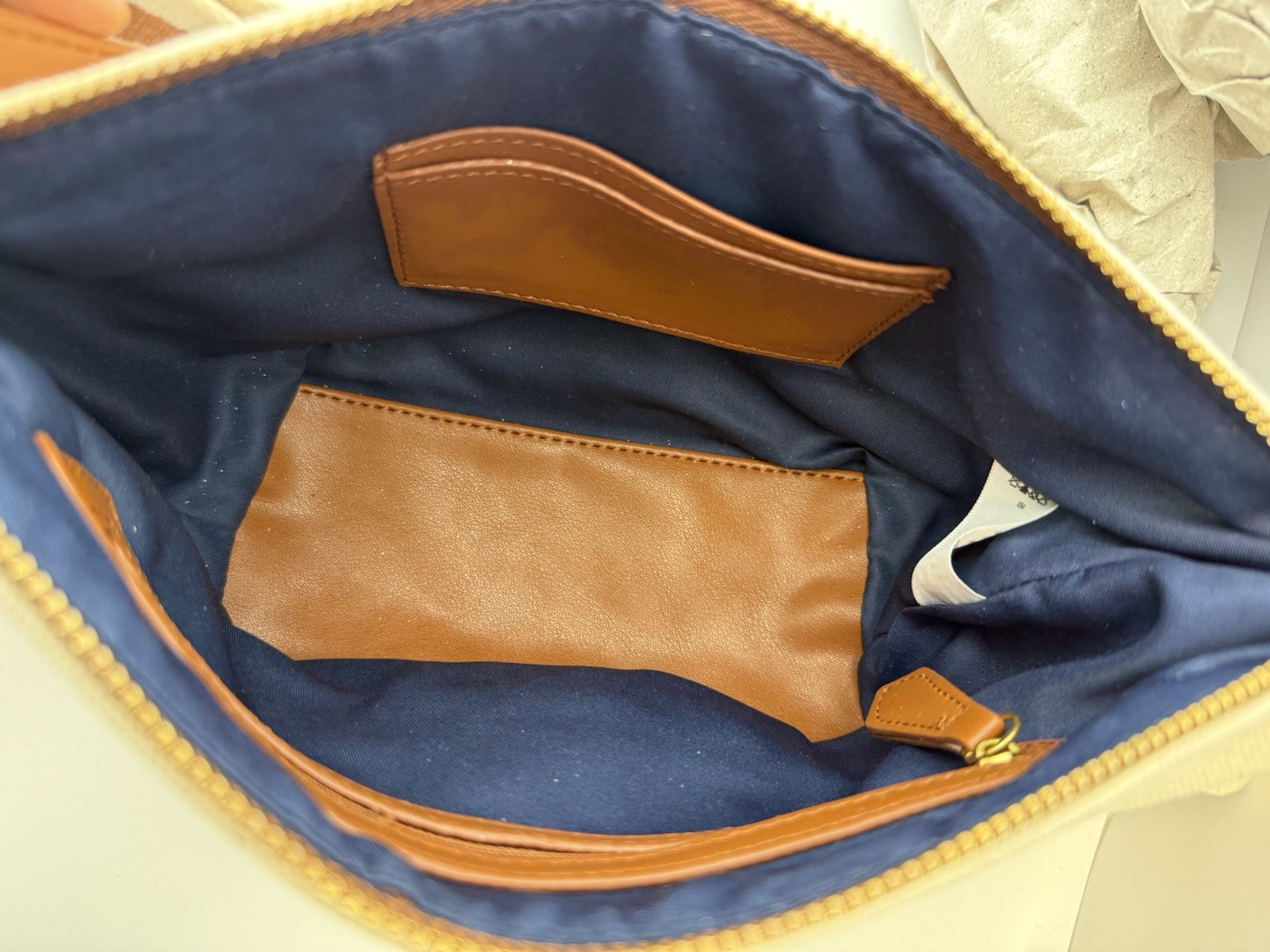 Free Assembly Beige Crossbody Bag Zip Top Adjustable Strap Pockets Gold Blue