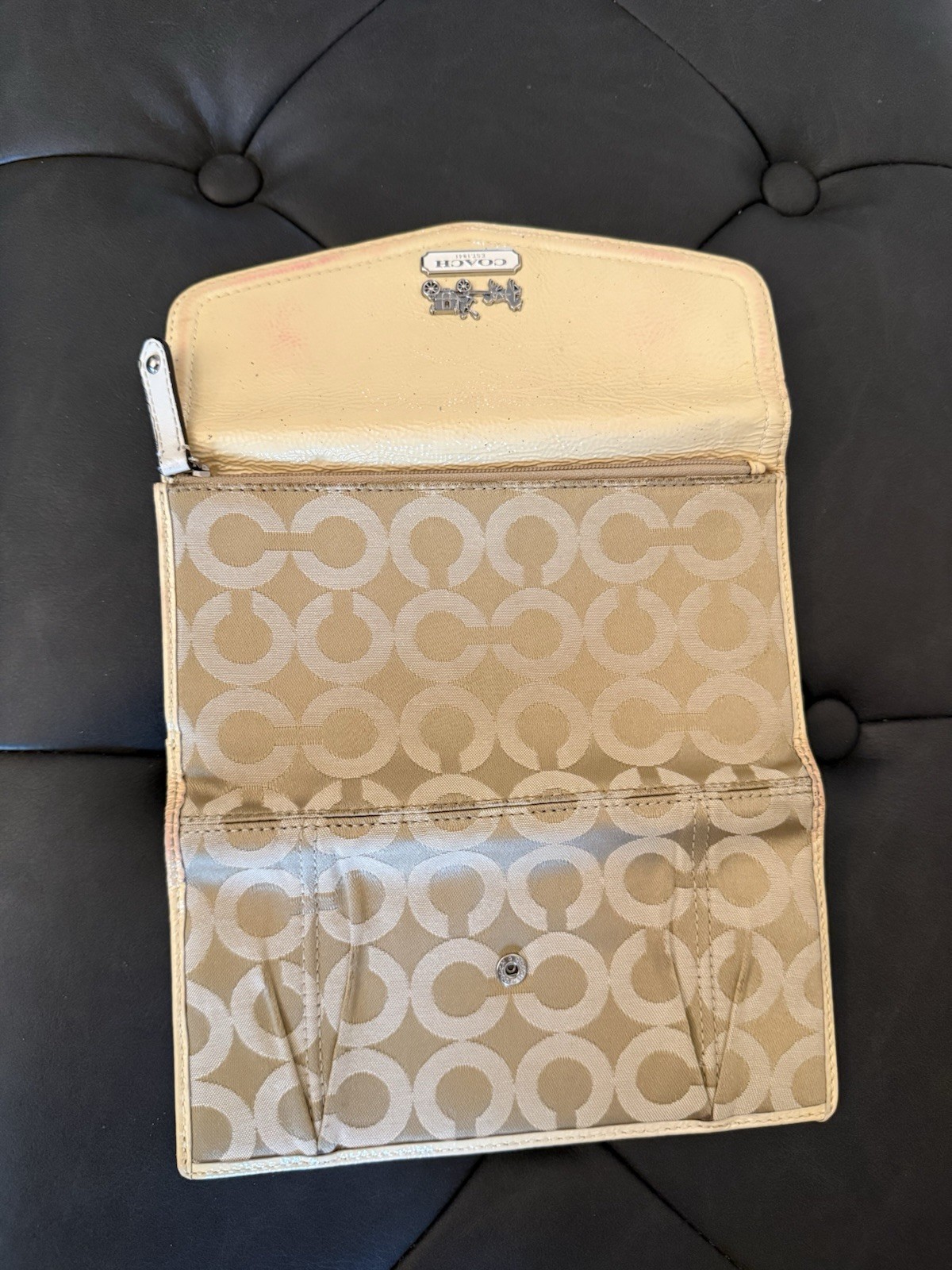 Coach Y2K Khaki Beige Signature Shoulder Bag Purse w/ Flap Wallet Silver HW READ