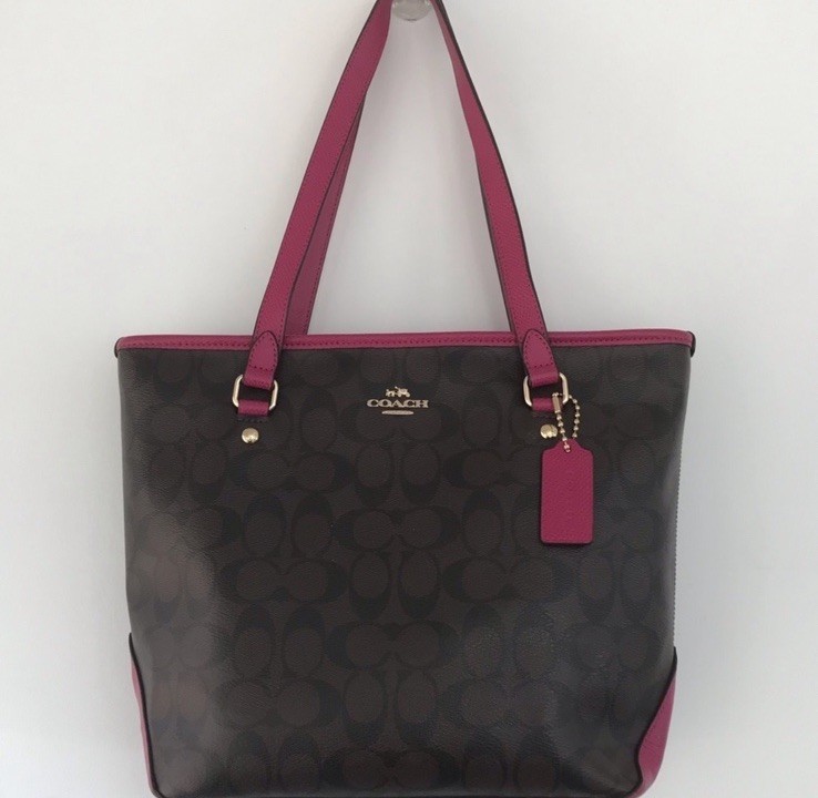 Coach Signature Tote Brown and Pink Zip Gold Hardware Pockets