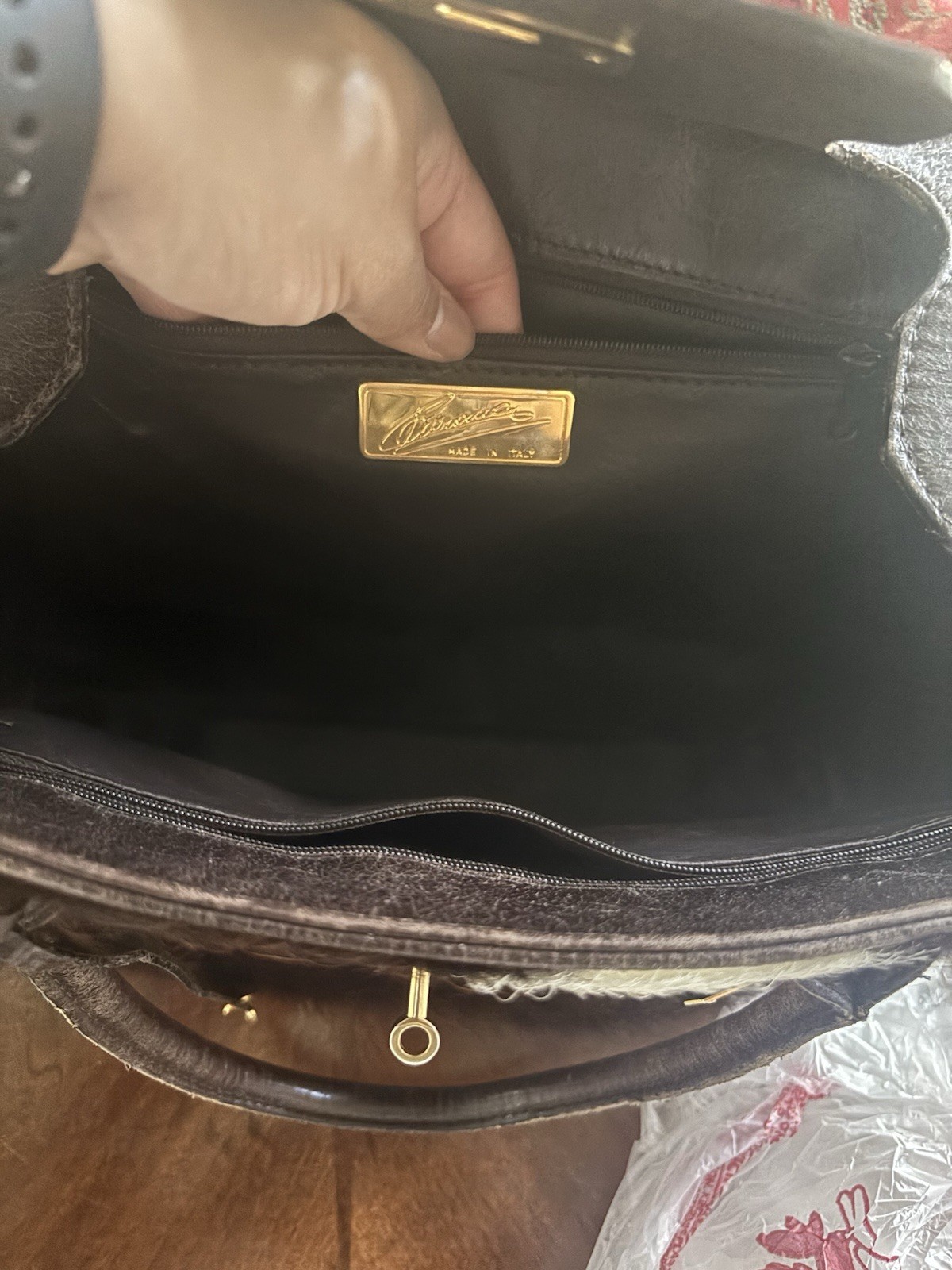 Italian Vintage Leather & Cowhide Satchel Top Handle w/ Padlock Key Gold