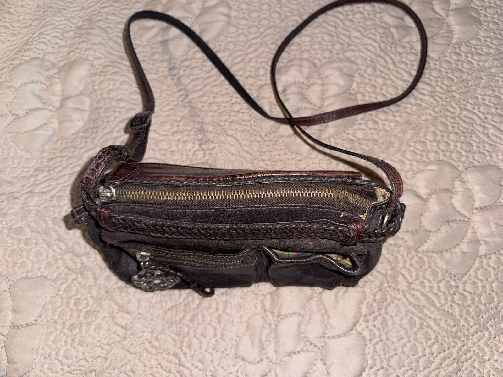 BRIGHTON All-In-One Crossbody Shoulder Bag Alligator Embossed Chocolate Leather