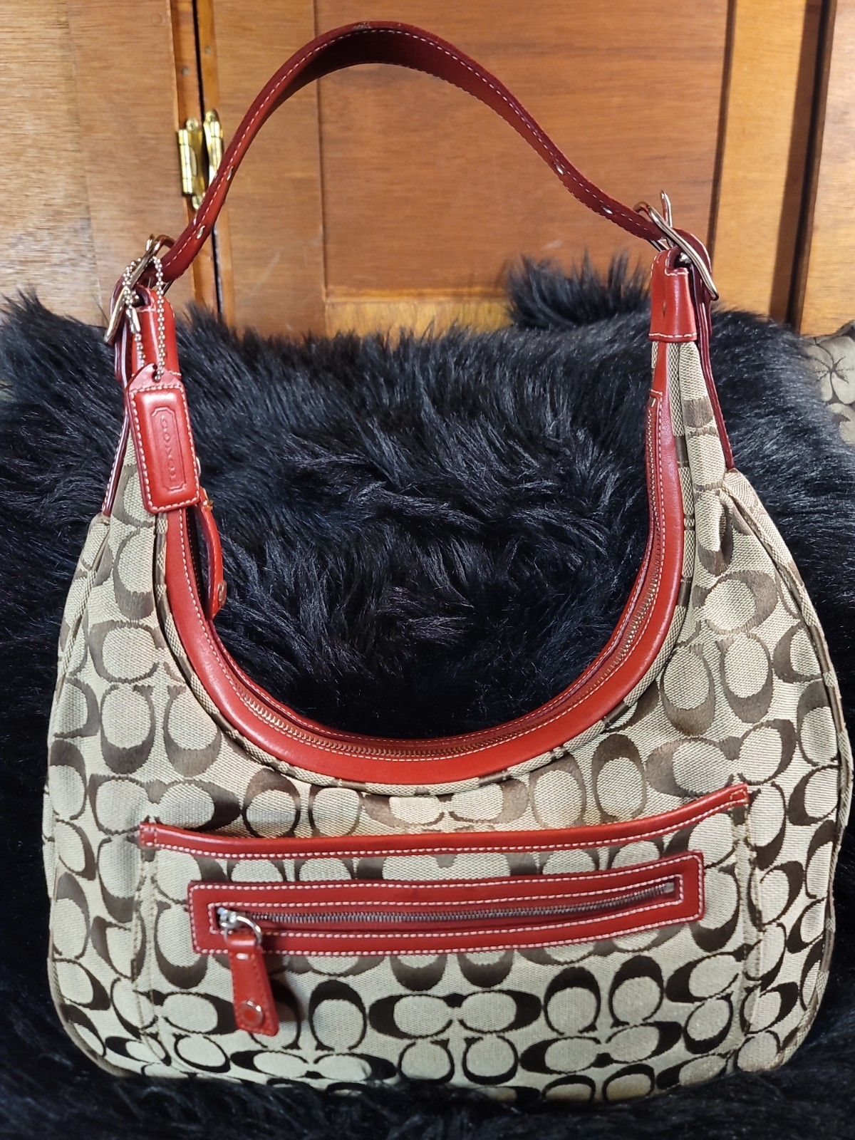 VINTAGE COACH ZOE 6070 KHAKI SIGNATURE C AND RUST LEATHER 2001 EUC