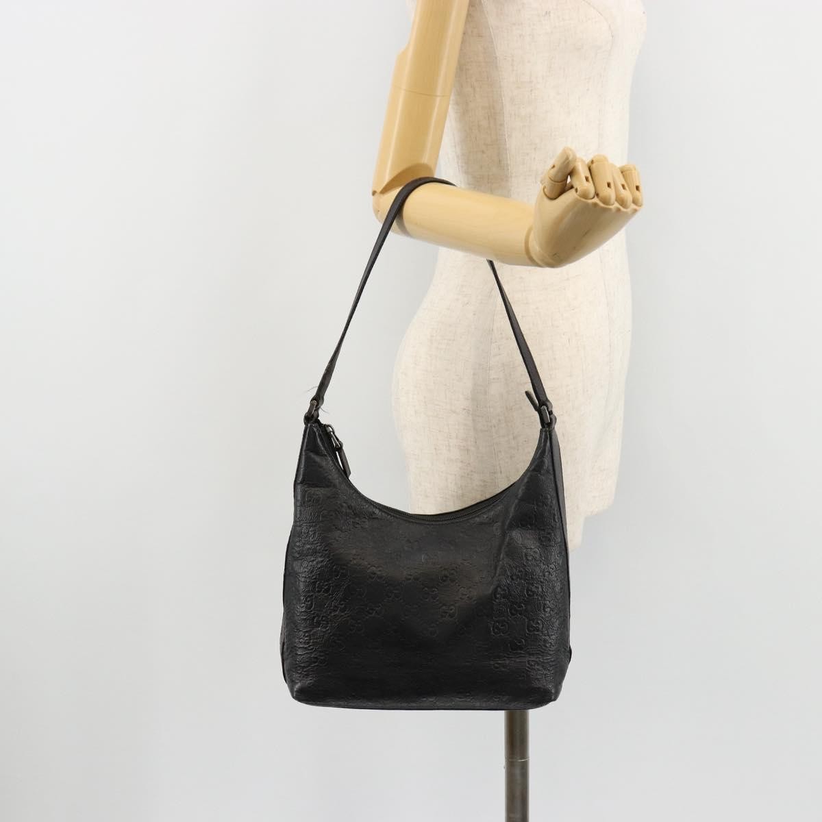 GUCCI GG Canvas Guccissima Shoulder Bag Leather Black Silver 257282 Auth ka4401