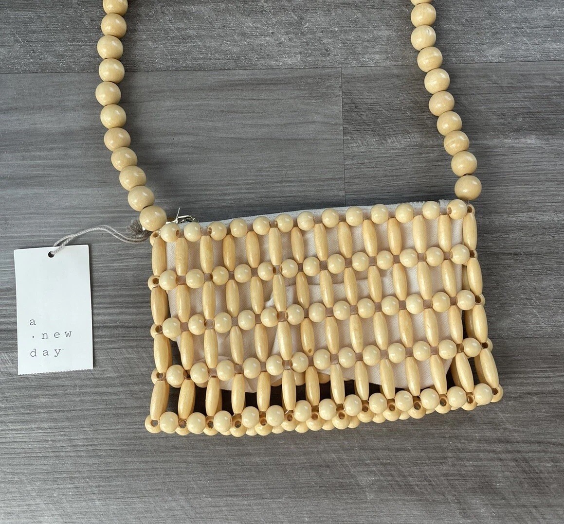 A New Day Wood Beaded Shoulder Bag NWT 5×8 Zips Summer Preppy