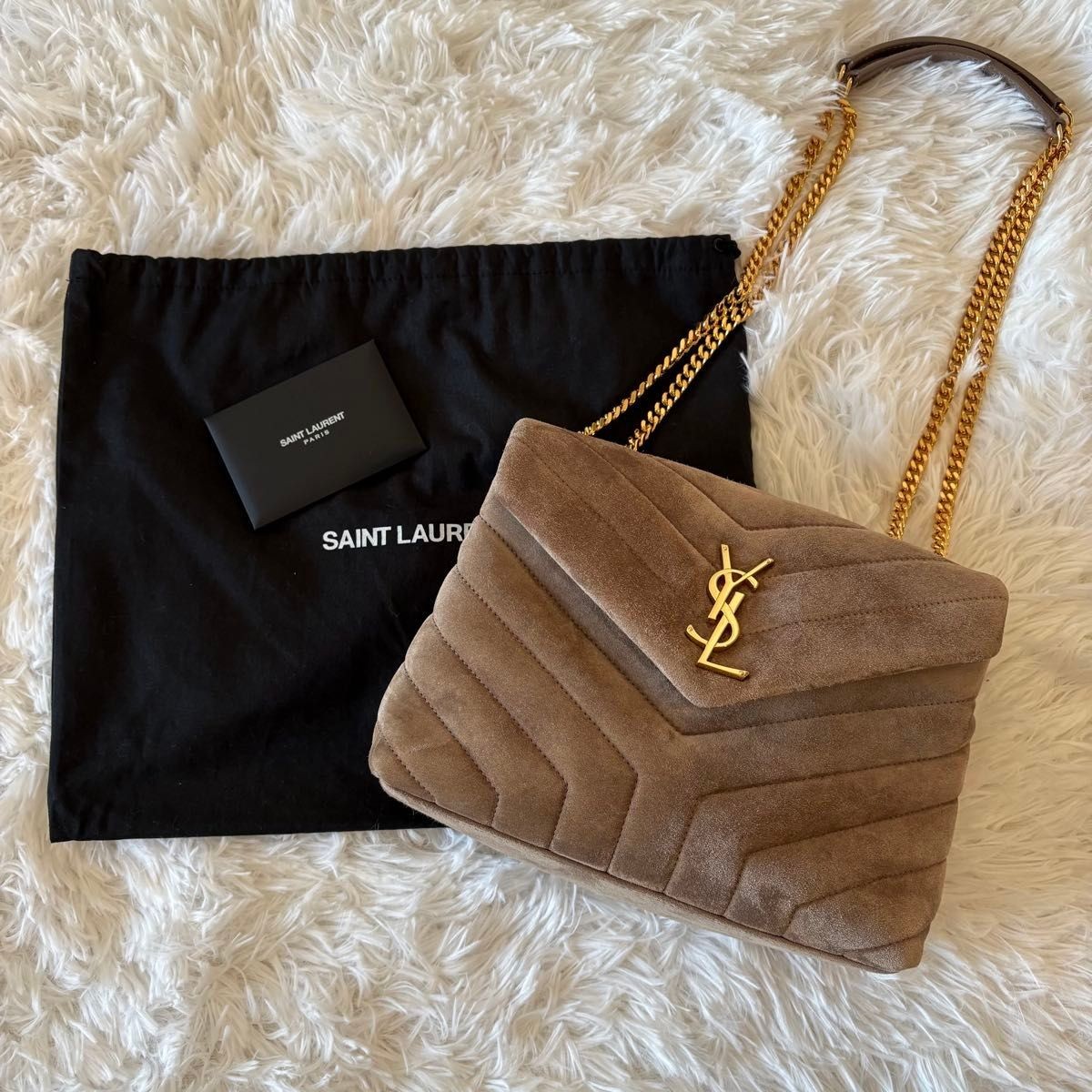 SAINT LAURENT LOULOU Suede Beige Gray Shoulder Small Chain Bag