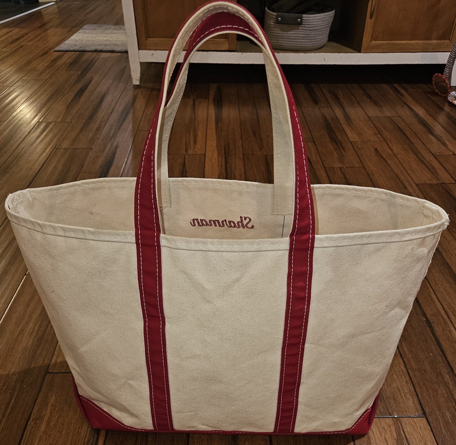 Vintage LL Bean Boat Tote X Extra Large Red Handles 23in x 14in Embroided Dog