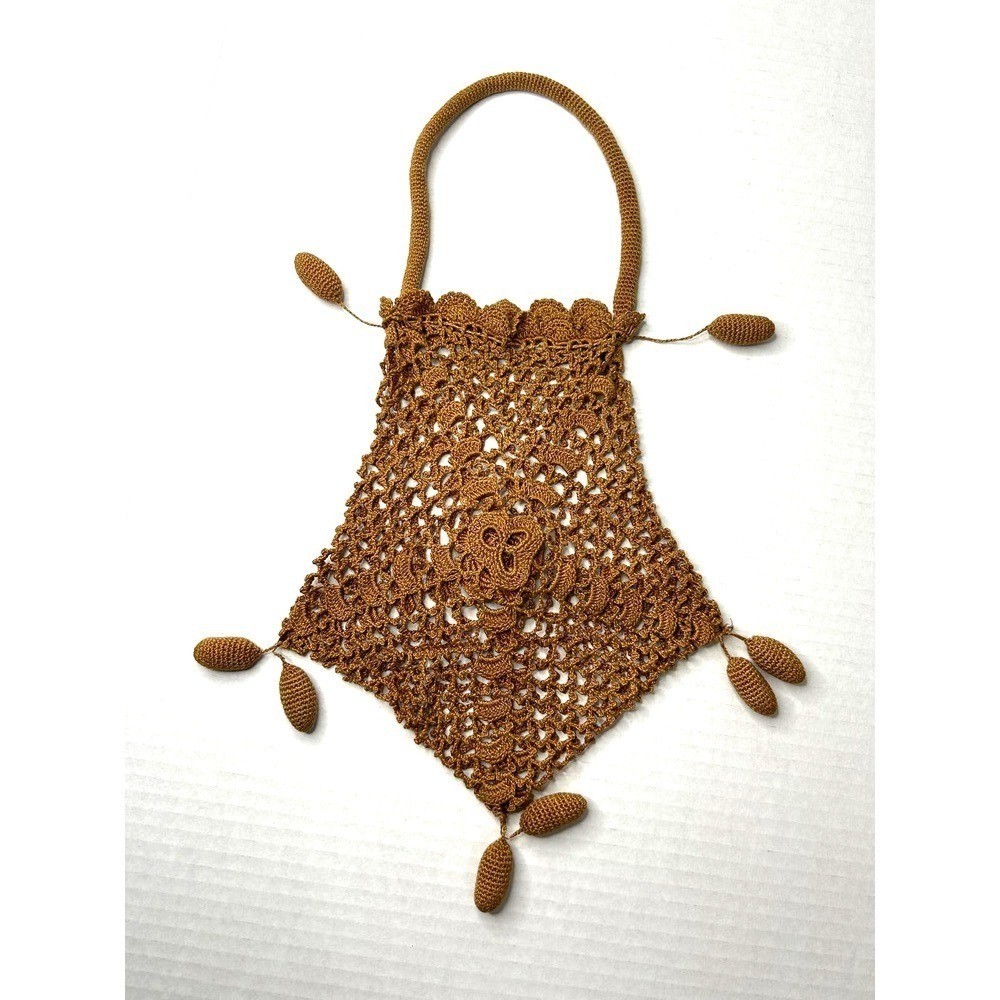 Vintage Handmade Open Crochet Drawstring Handbag Purse Bag Unlined
