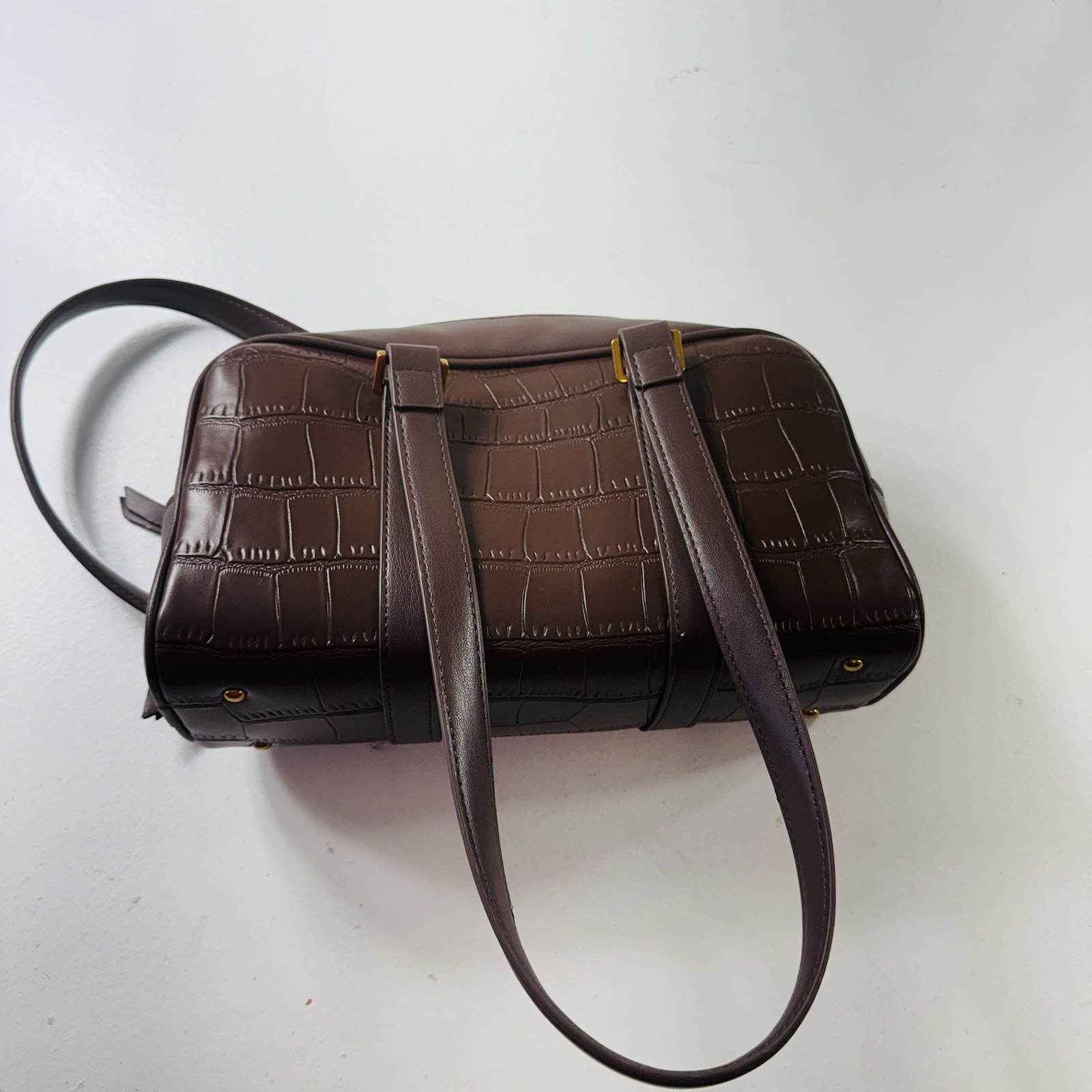 Steve Madden Women’s Brown Satchel Bag with Embossed Logo Faux Leather