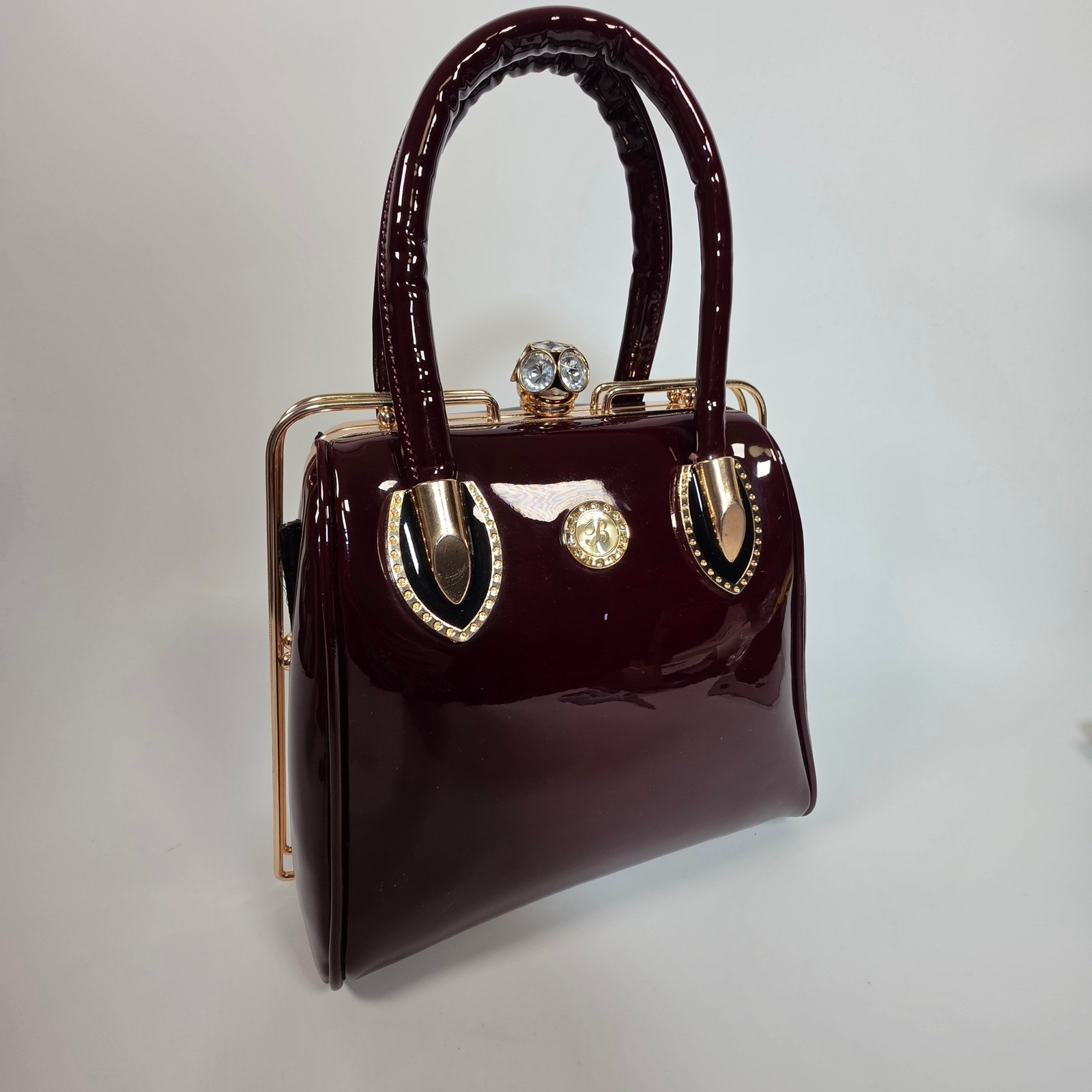 Patent Leather Evening Handbag Burgundy Hard Shell Medium Size Elegant Classy