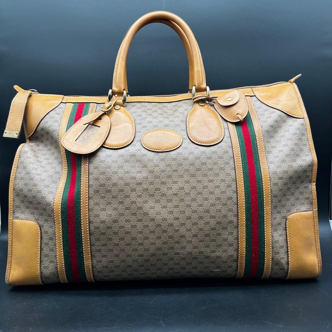 GUCCI Micro GG Sherry Line PVC Boston Bag Large Brown Authentic Vintage