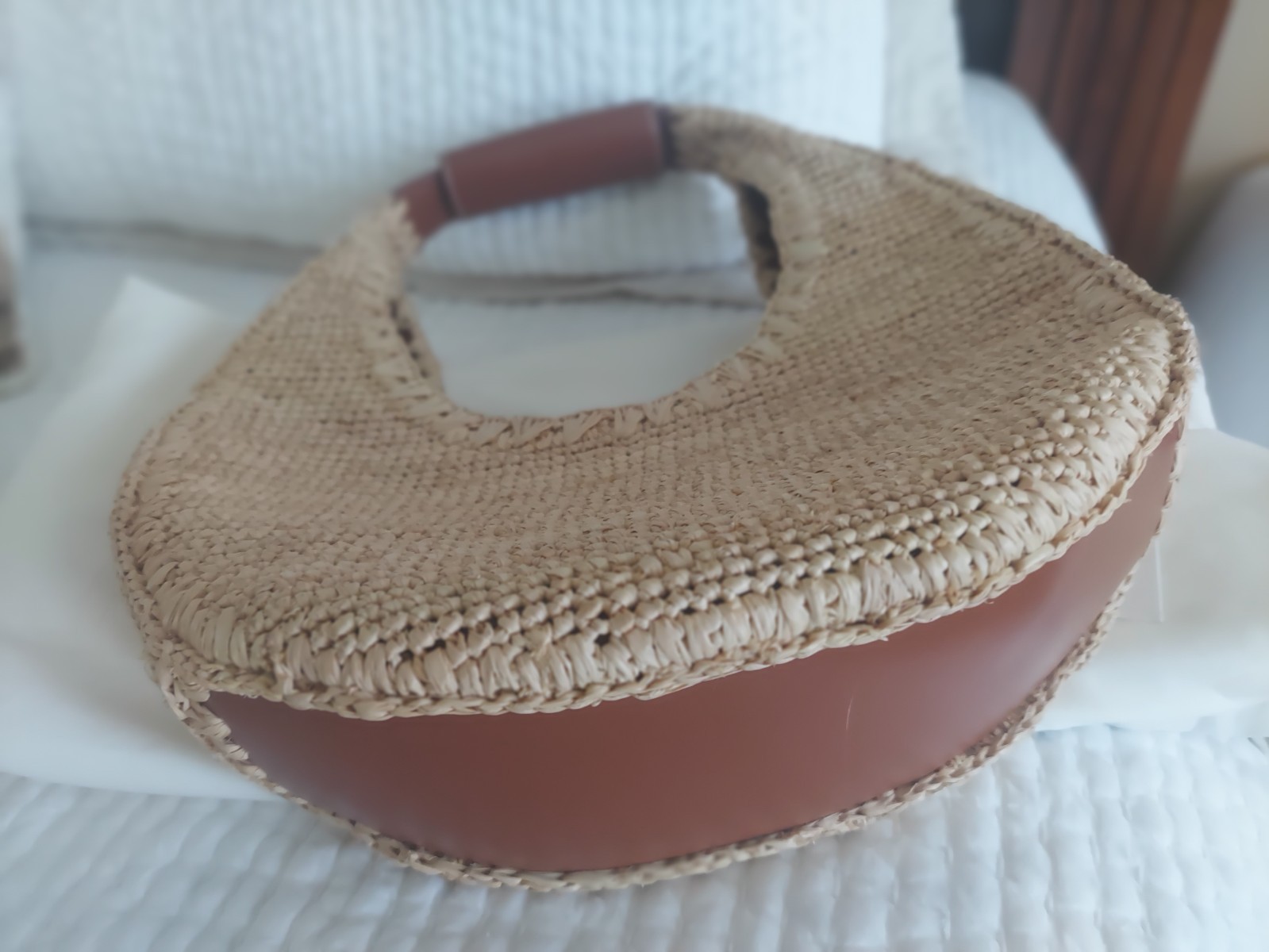 Staud moon raffia tote bag with leather trim new with tags