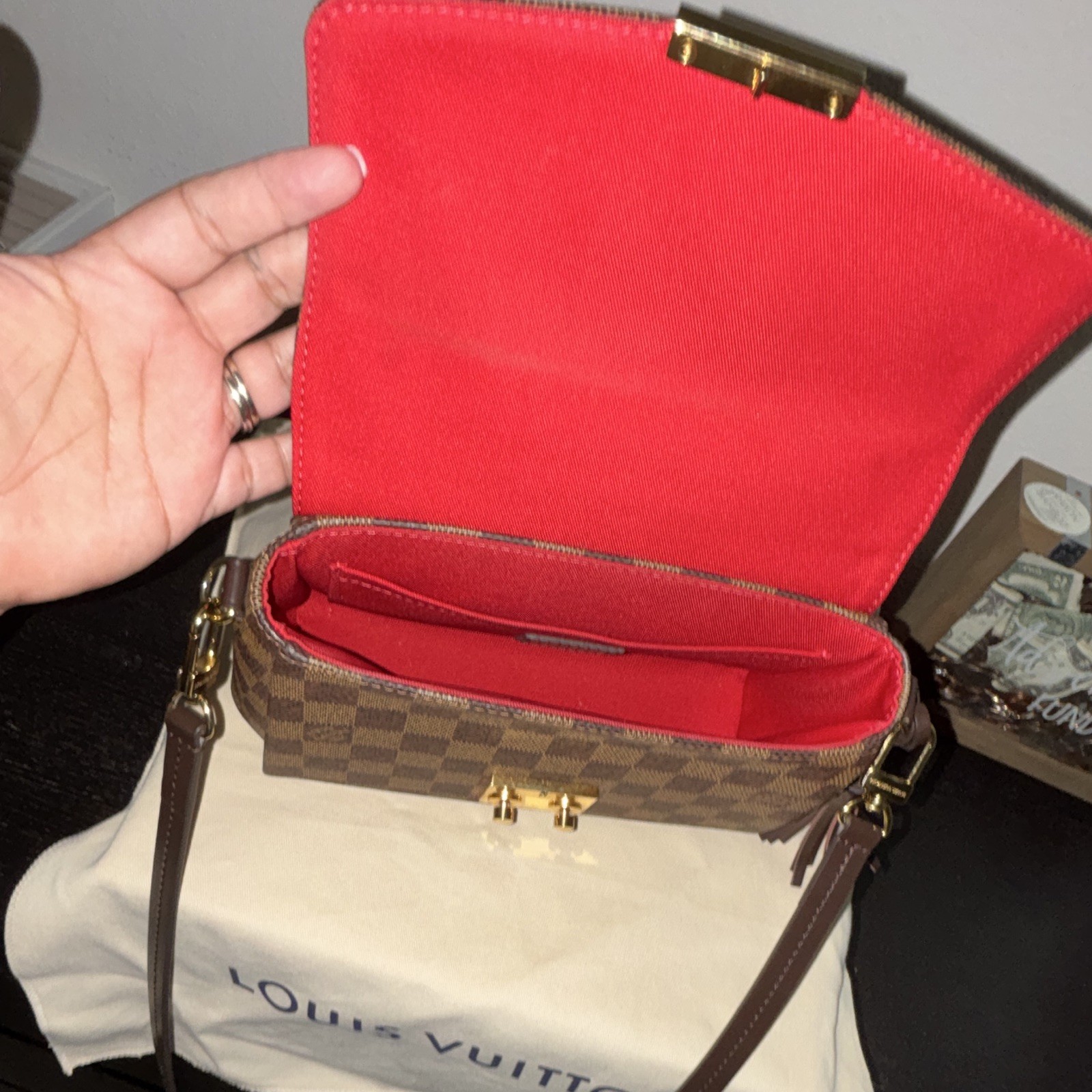 Louis Vuitton Damier Ebene Checkered Small Crossbody Top Handle w/ Strap Red