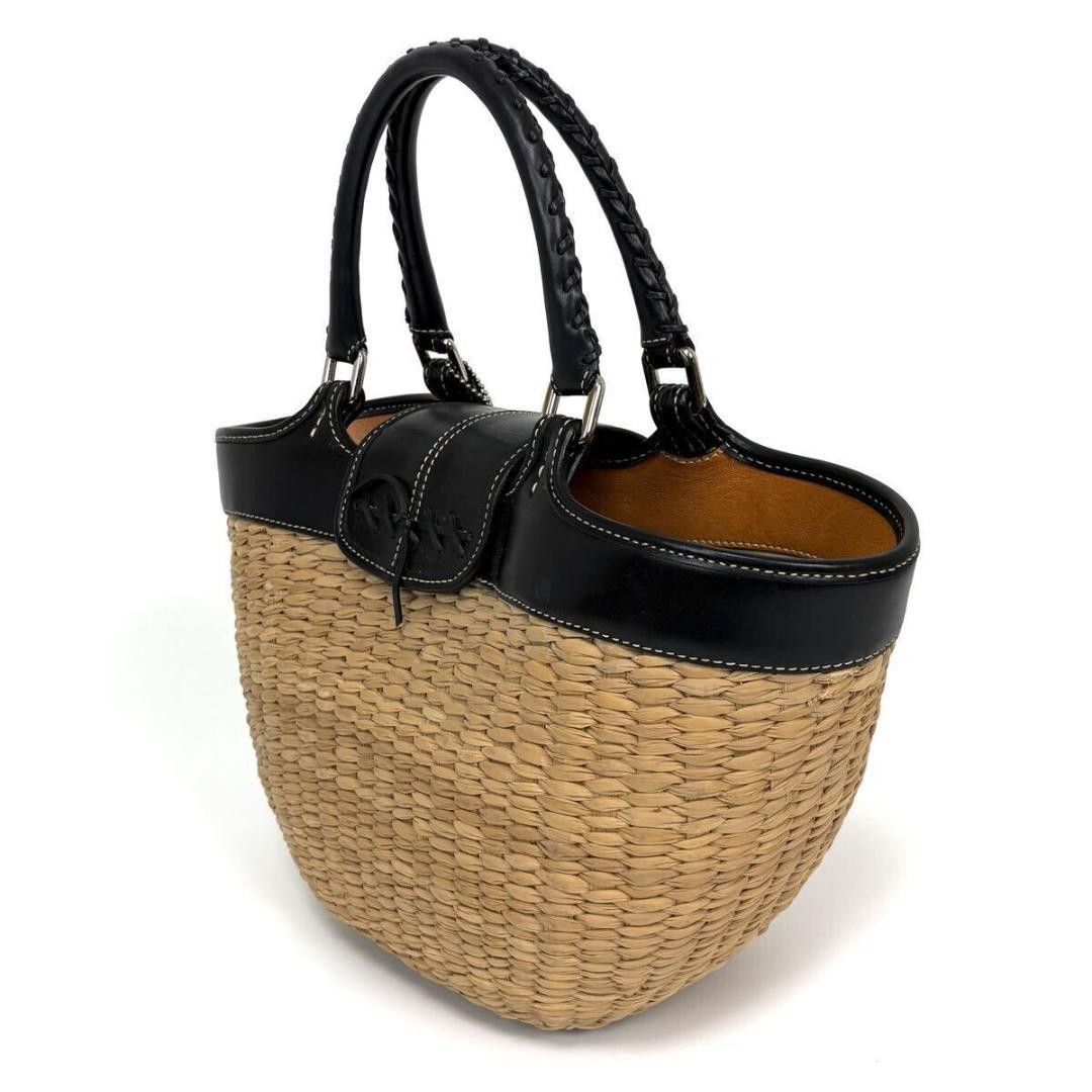 COACH Straw Leather Basket Handbag Camel Black Woven Handle Authentic From JP